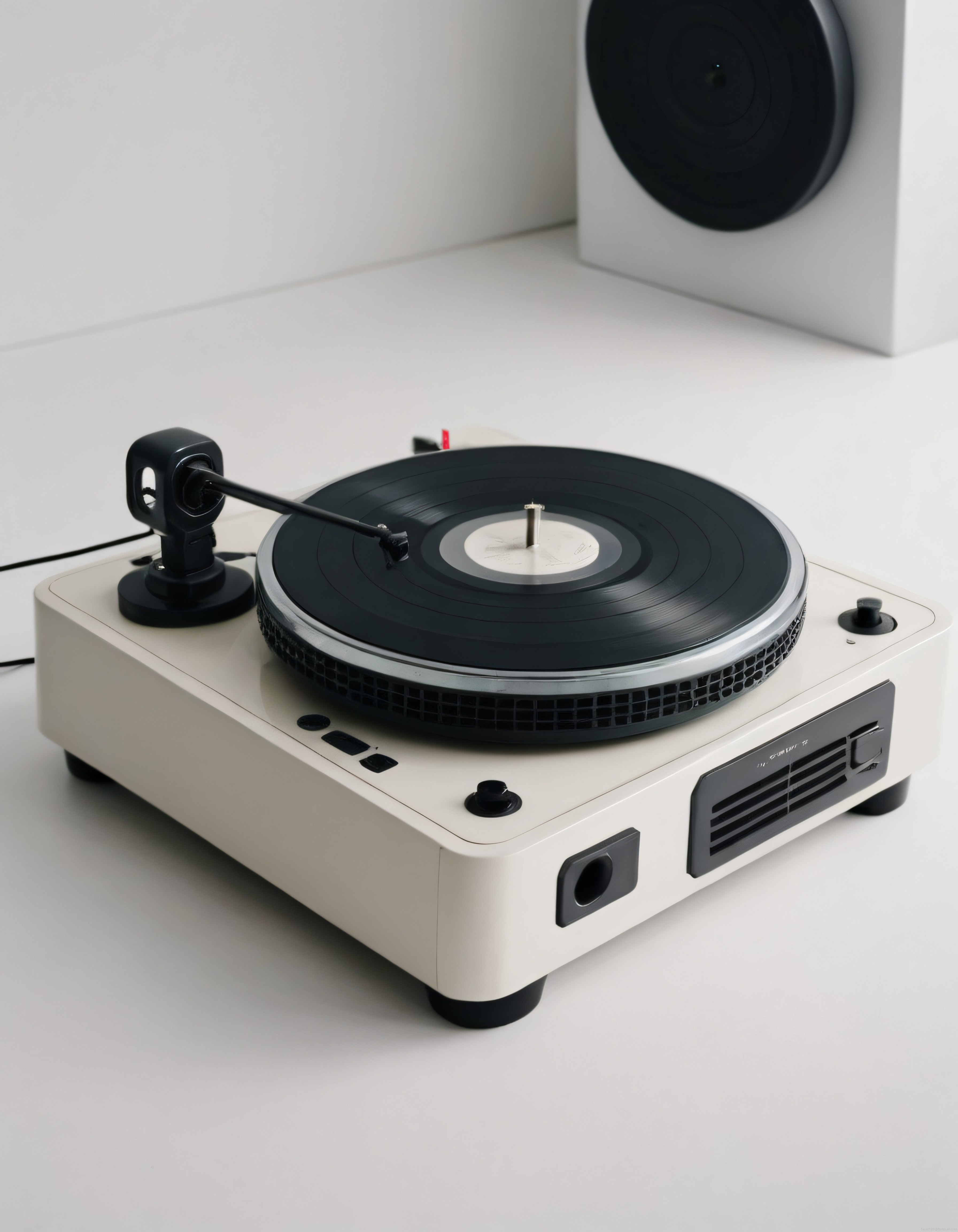Retro Tarzı Beyaz Pikap Üzerinde Dönen Siyah Vinil Plak ve Arka Planda Hoparlör