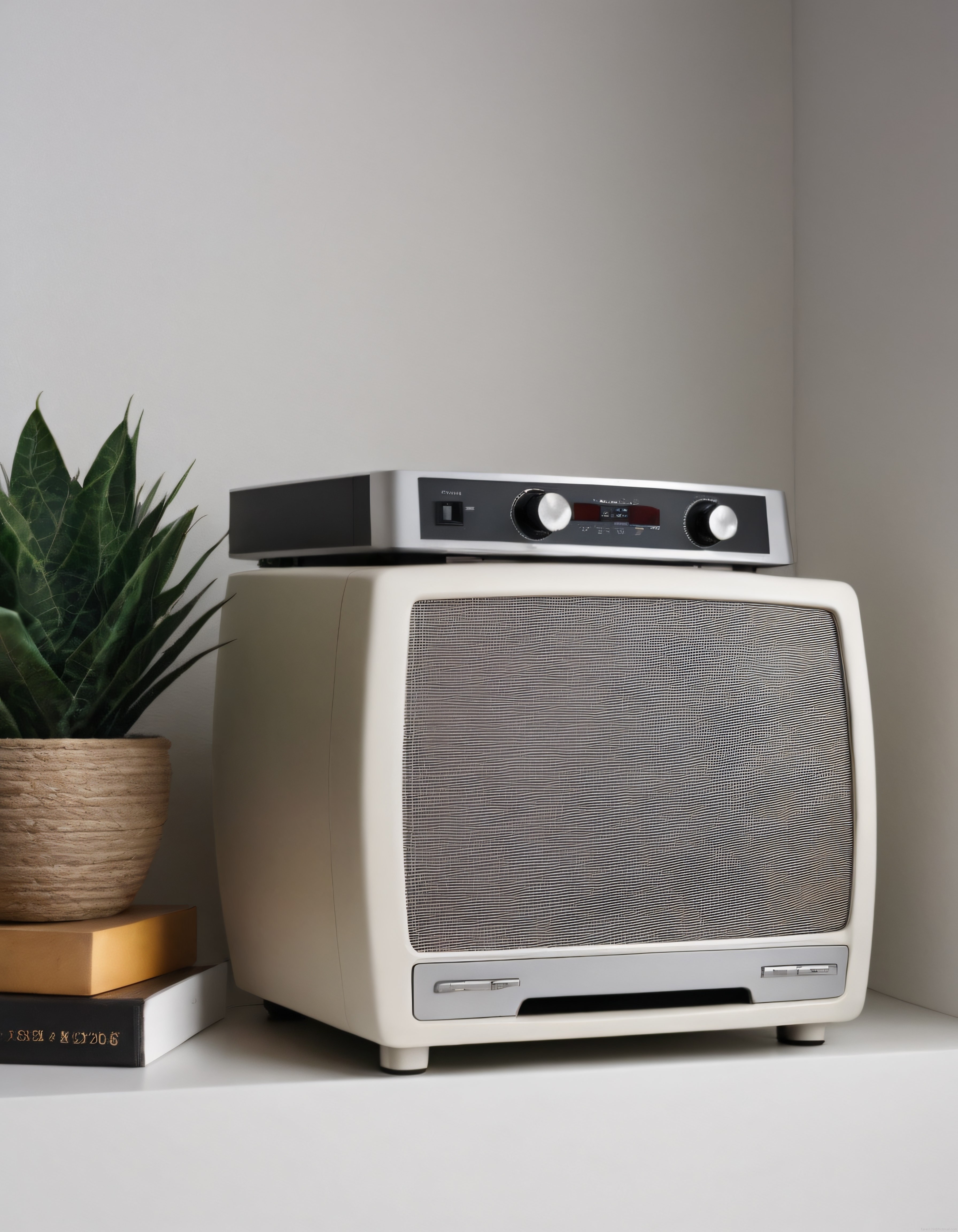 Retro tarzı krem rengi hoparlör ve modern minimalist ev dekorasyonu