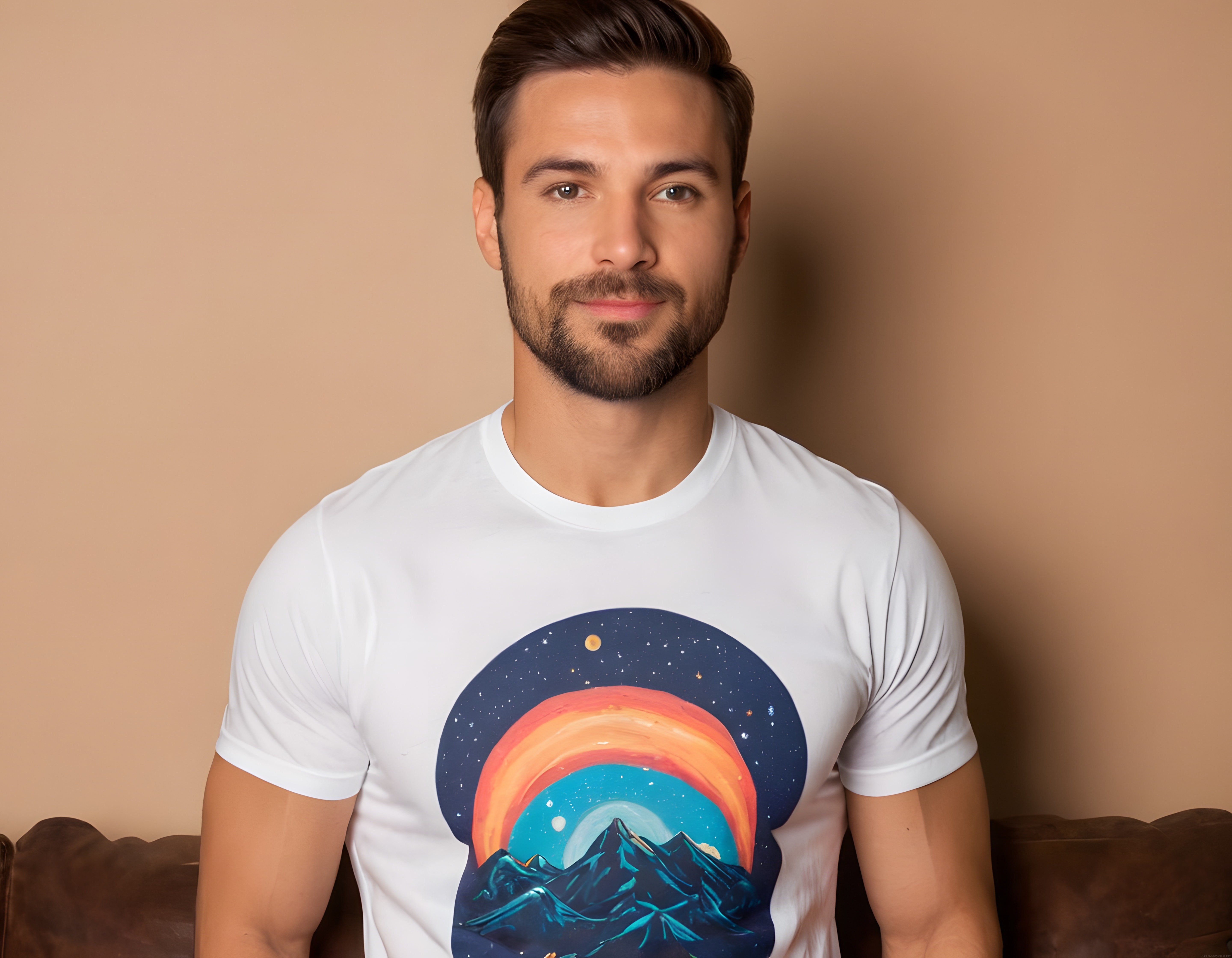Retro Uzay Dağı Baskılı Beyaz Tişört Giyen Sakallı Erkek Model Portresi