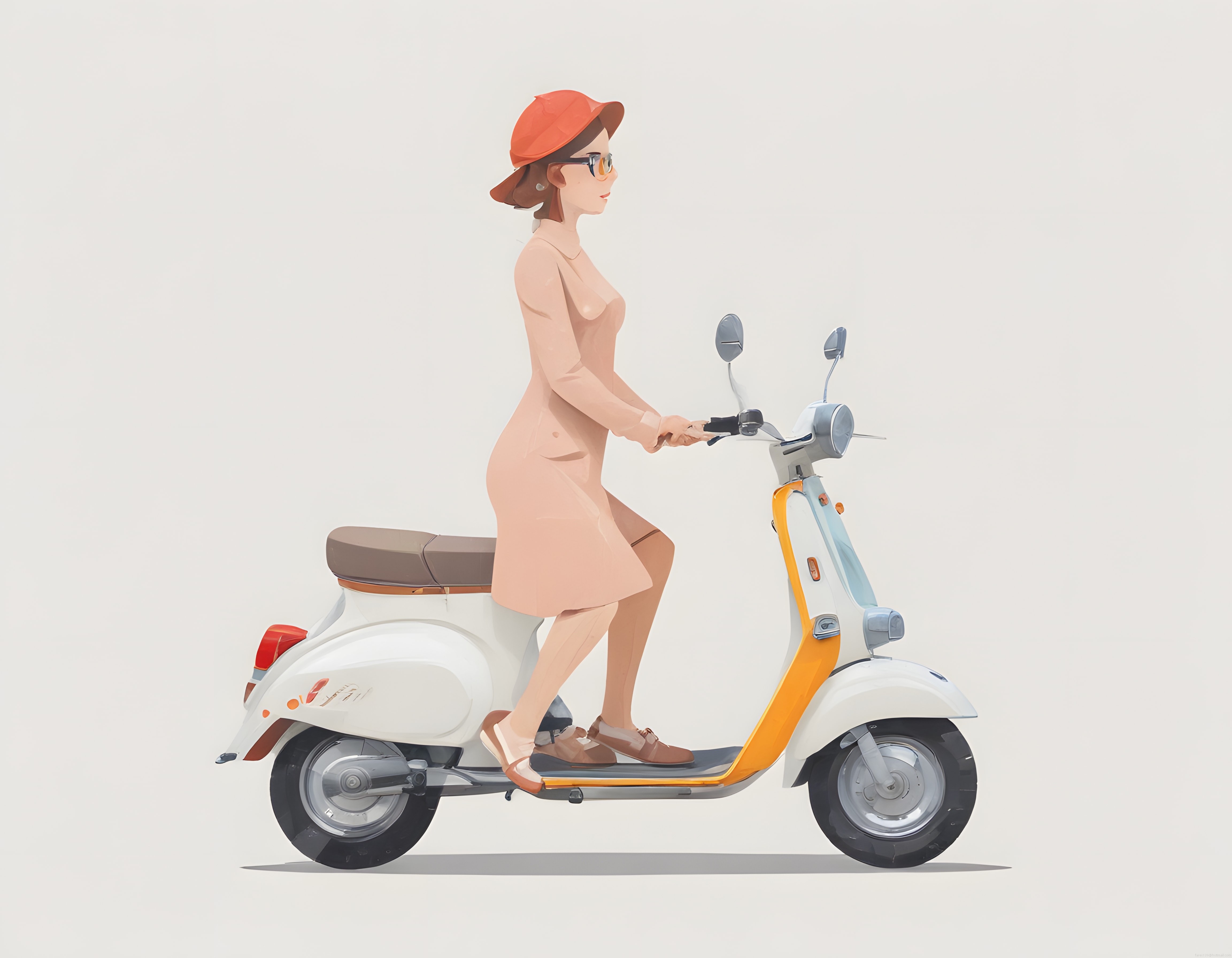 Retro Vespa Üzerinde Şık Kadın: Pastel Tonlarda Dijital Karakter Tasarımı