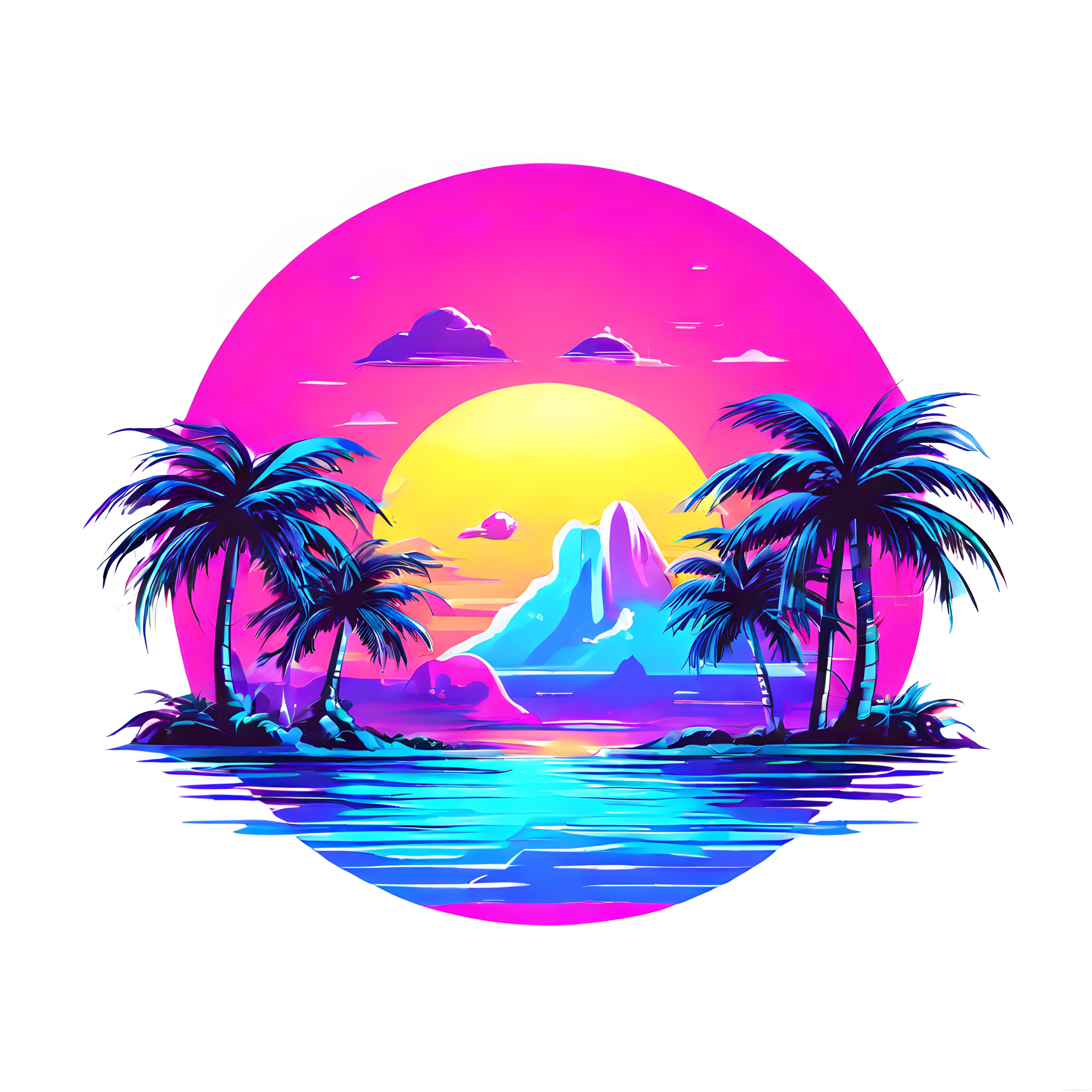 Retrowave Neon Gün Batımı, Palmiye Ağaçları ve Göl Yansımalı Dijital Sanat