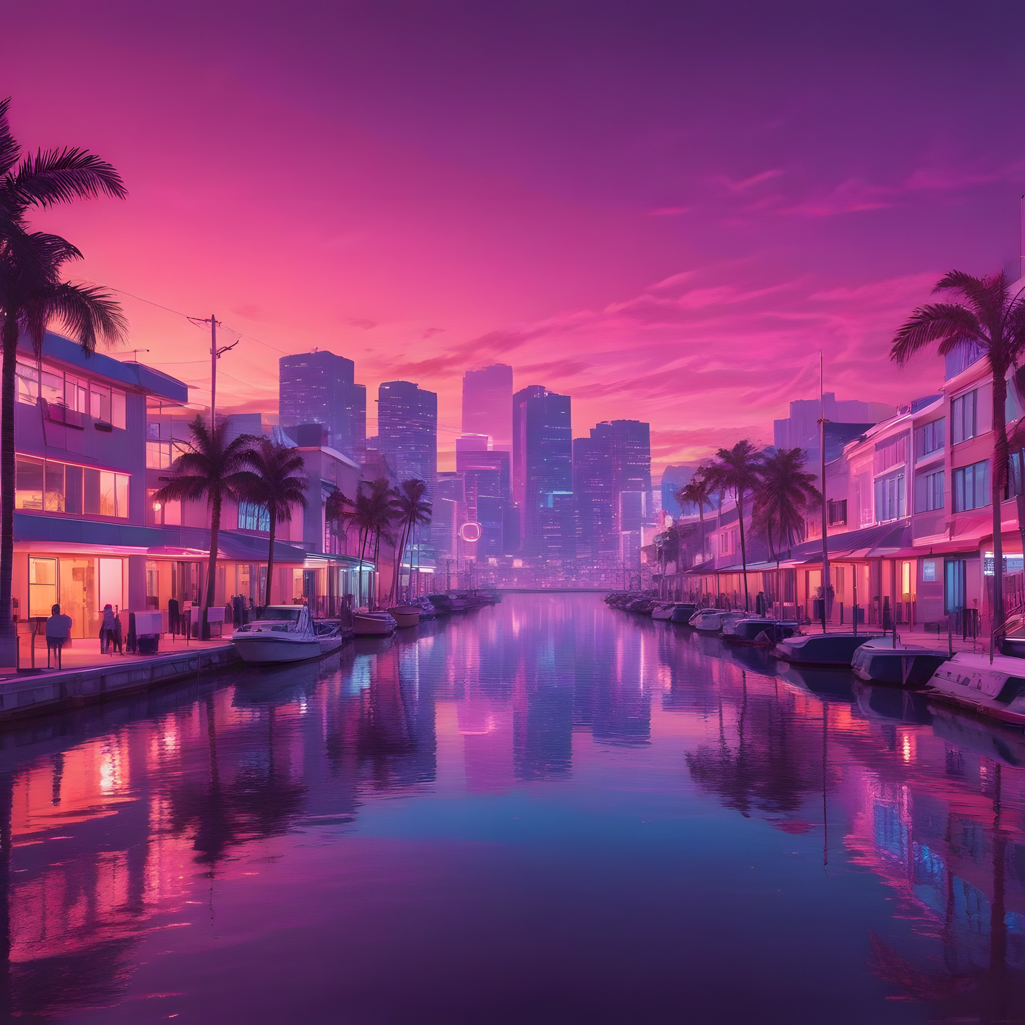 Retrowave Tarzında Kanal Üzerinden Yükselen Gökdelenler ve Gizemli Gün Batımı