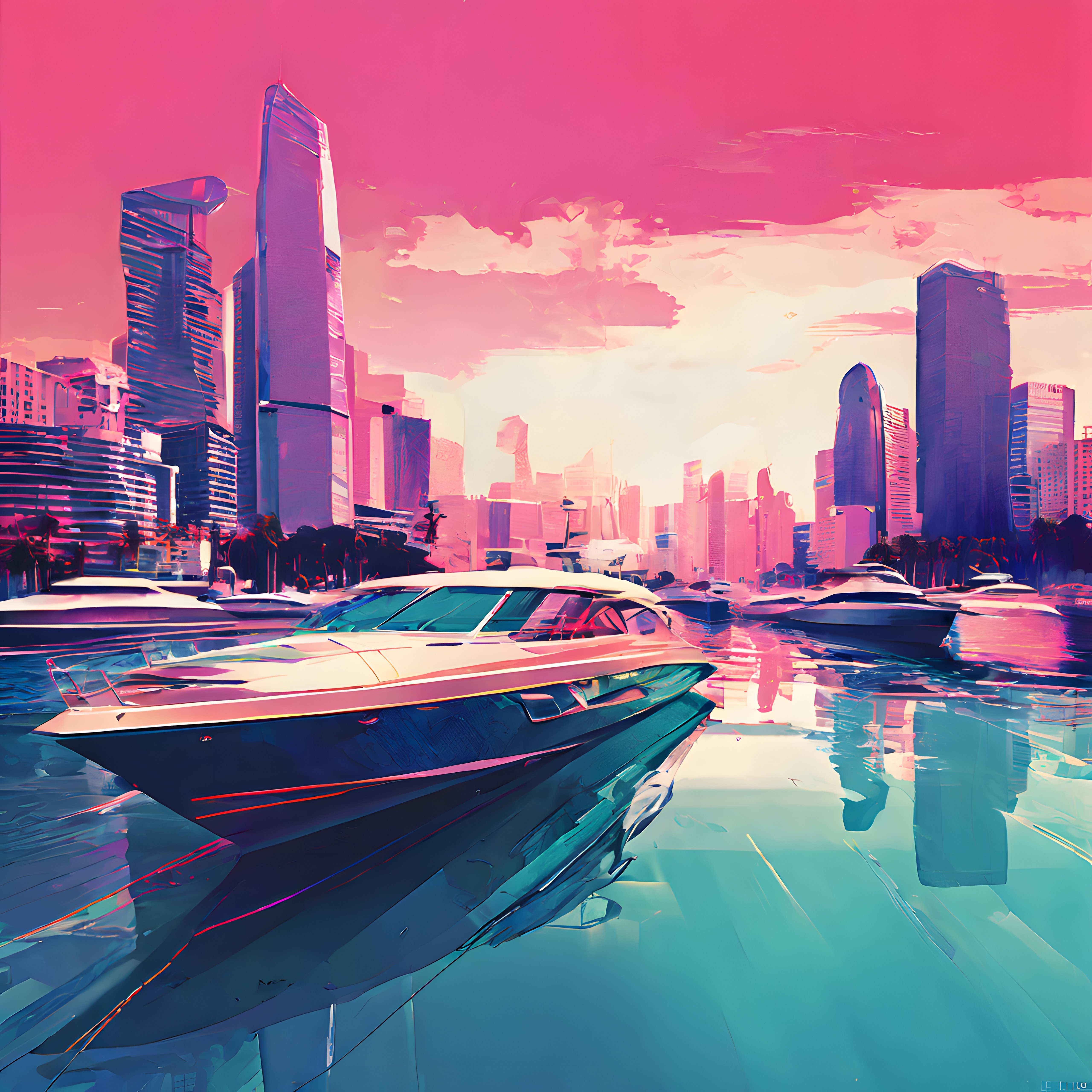 Retrowave Tarzında Lüks Yat ve Gökdelenlerle Çizilmiş Modern Marina Manzarası