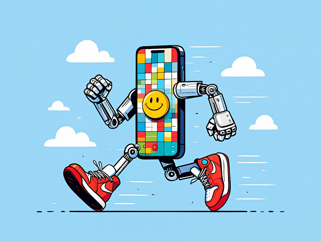 Robot Telefon Karakteri Koşarken Dijital Sanat ve Teknoloji Tasarımı