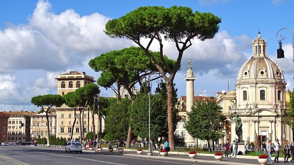 Roma İmparatorluk Forumları Yakınında Tarihi Yapılar ve Yeşil Çamlar