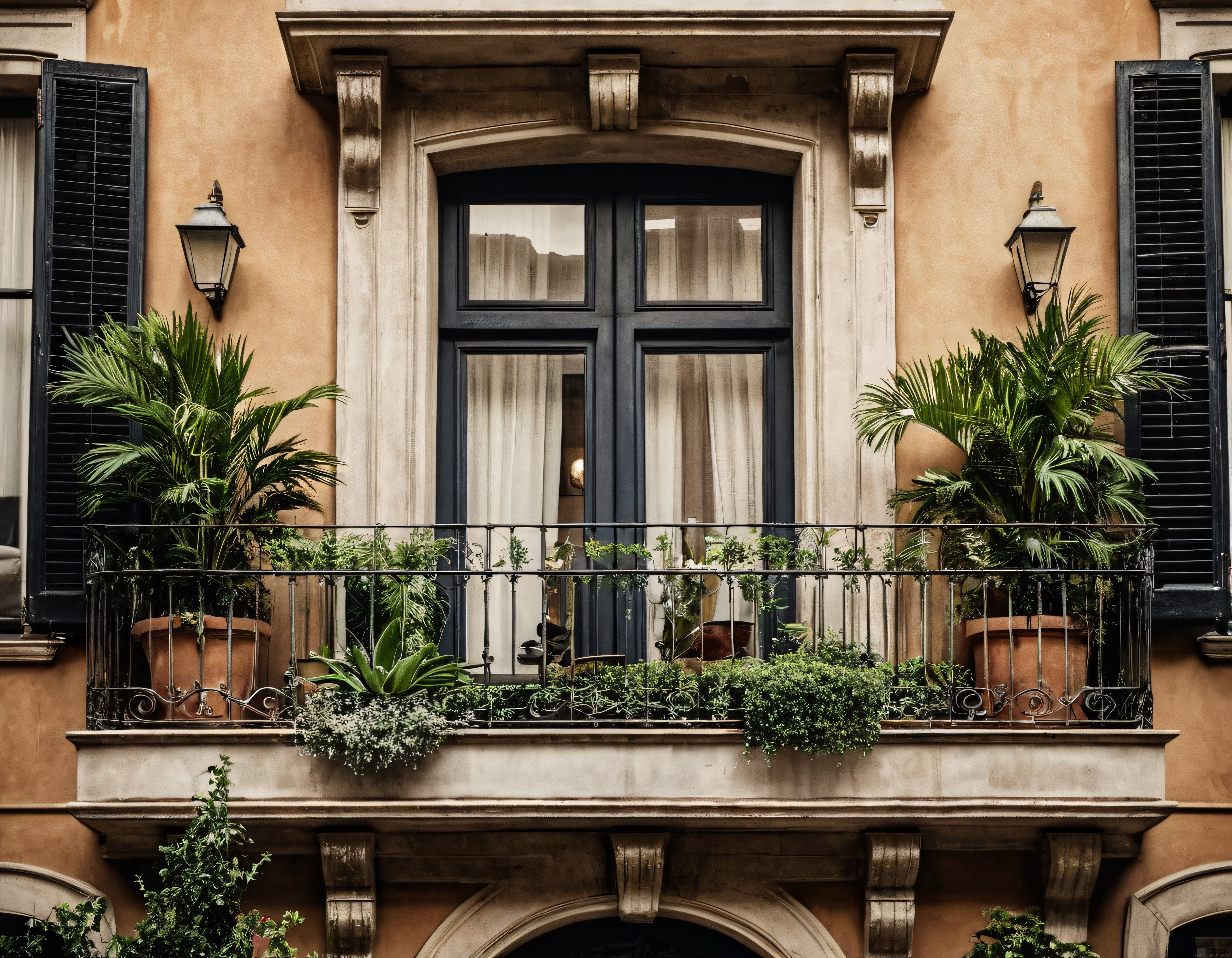 Roma Tadında Tarihi Bir Balkon: Yeşil Bitkilerle Süslenmiş Eski Avrupa Cephesi