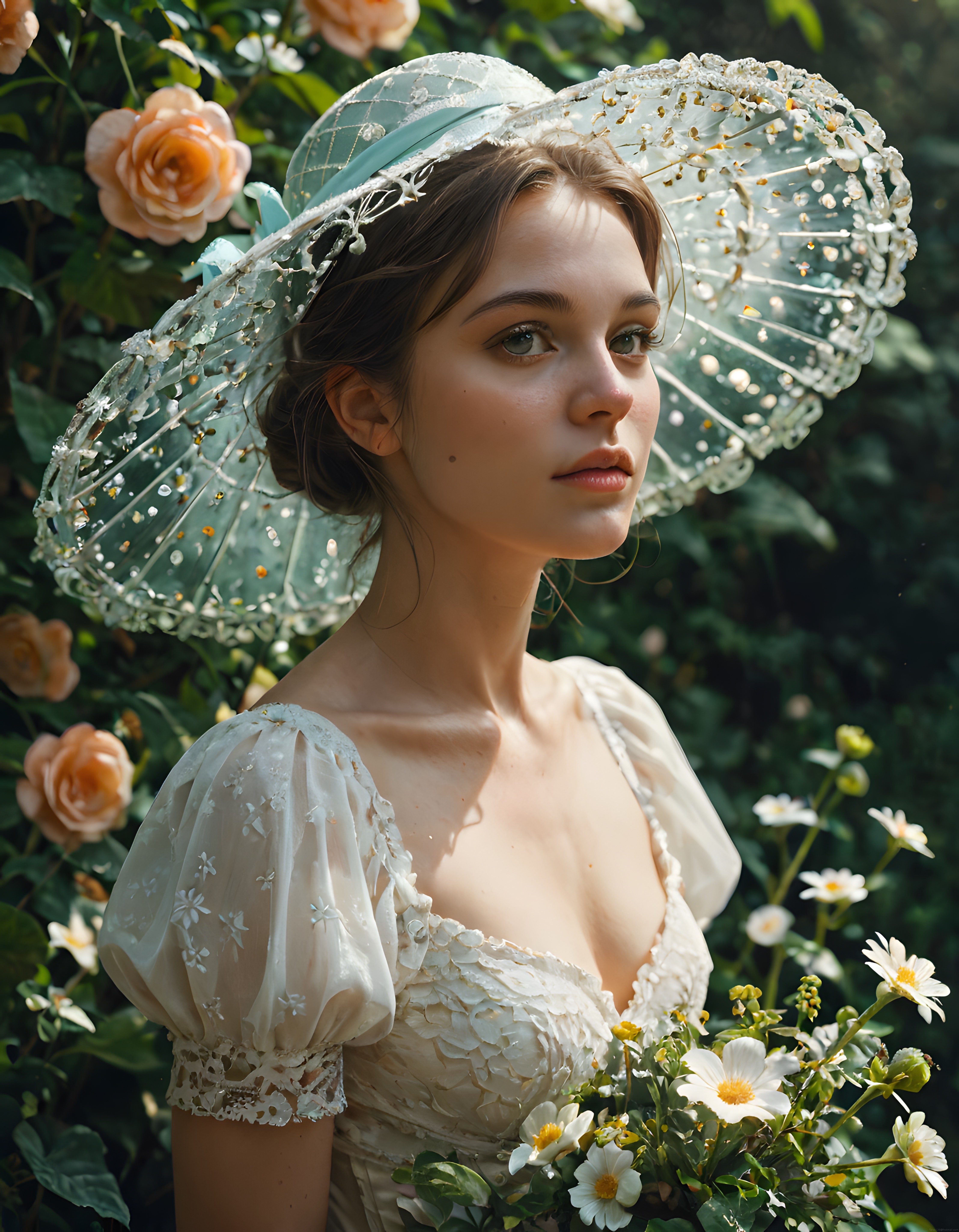 Romantik Bahçede Vintage Şemsiyeli Beyaz Elbiseli Genç Kadın Portresi