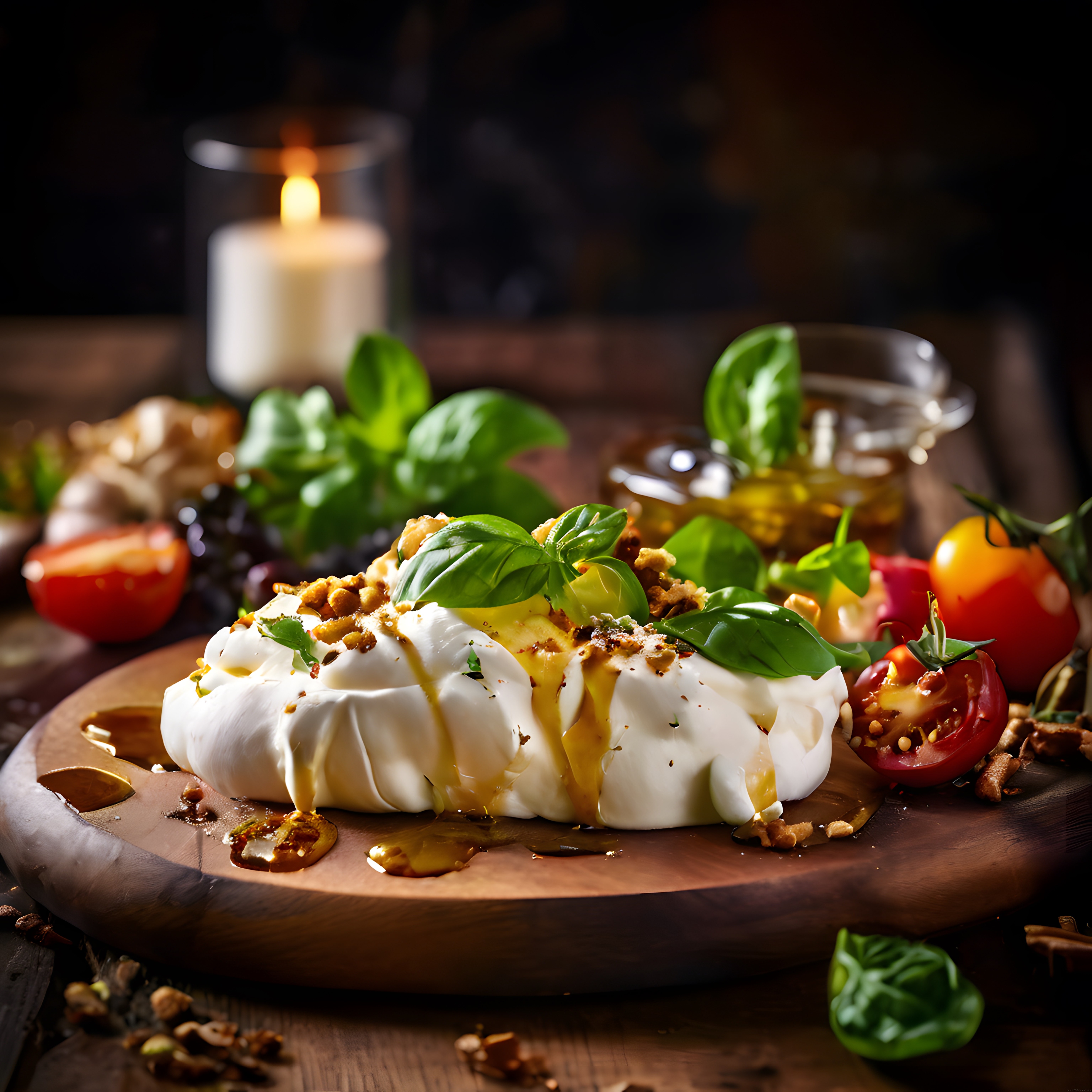 Romantik Mum Işığında Ahşap Sunum Tahtası Üzerinde Fesleğenli Burrata