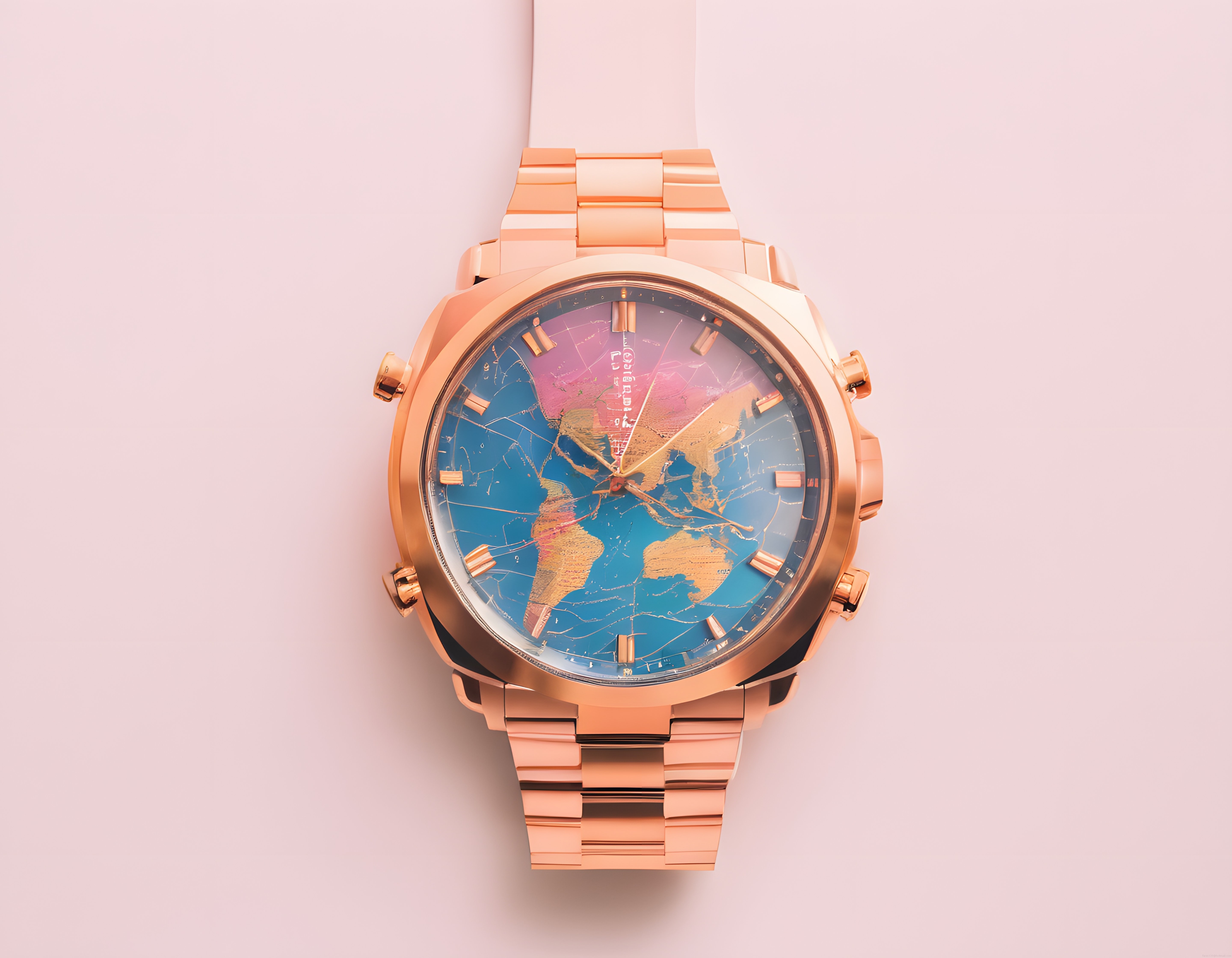 Rose Gold Kordonlu Dünya Haritası Kadranlı Lüks Kol Saati Ürün Fotoğrafı