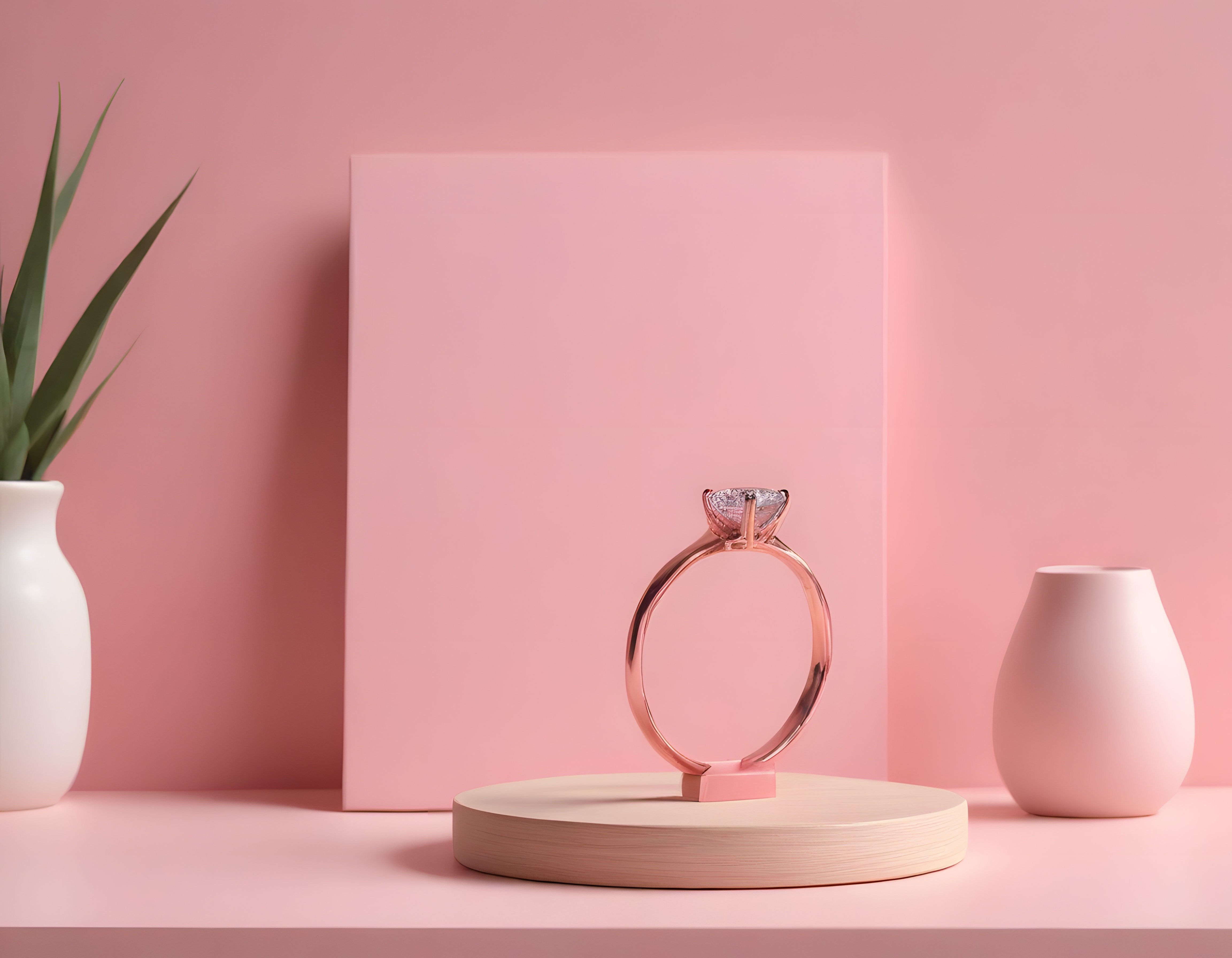 Rose Gold Tektaş Yüzük ve Pembe Arka Planlı Minimalist Stüdyo Çekimi