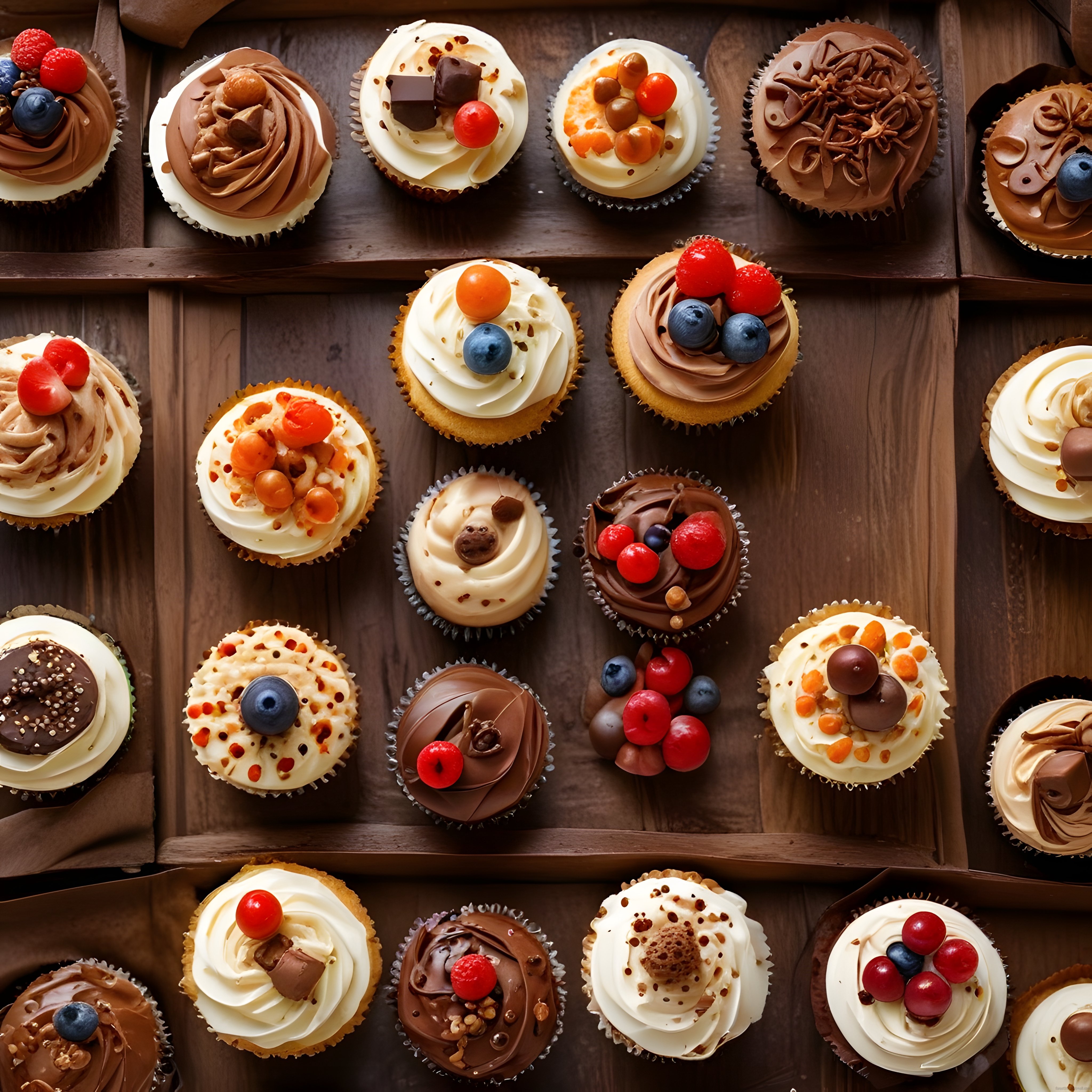 Rustik ahşap arka plan üzerinde çeşitli krema ve meyve süslemeli cupcake'ler