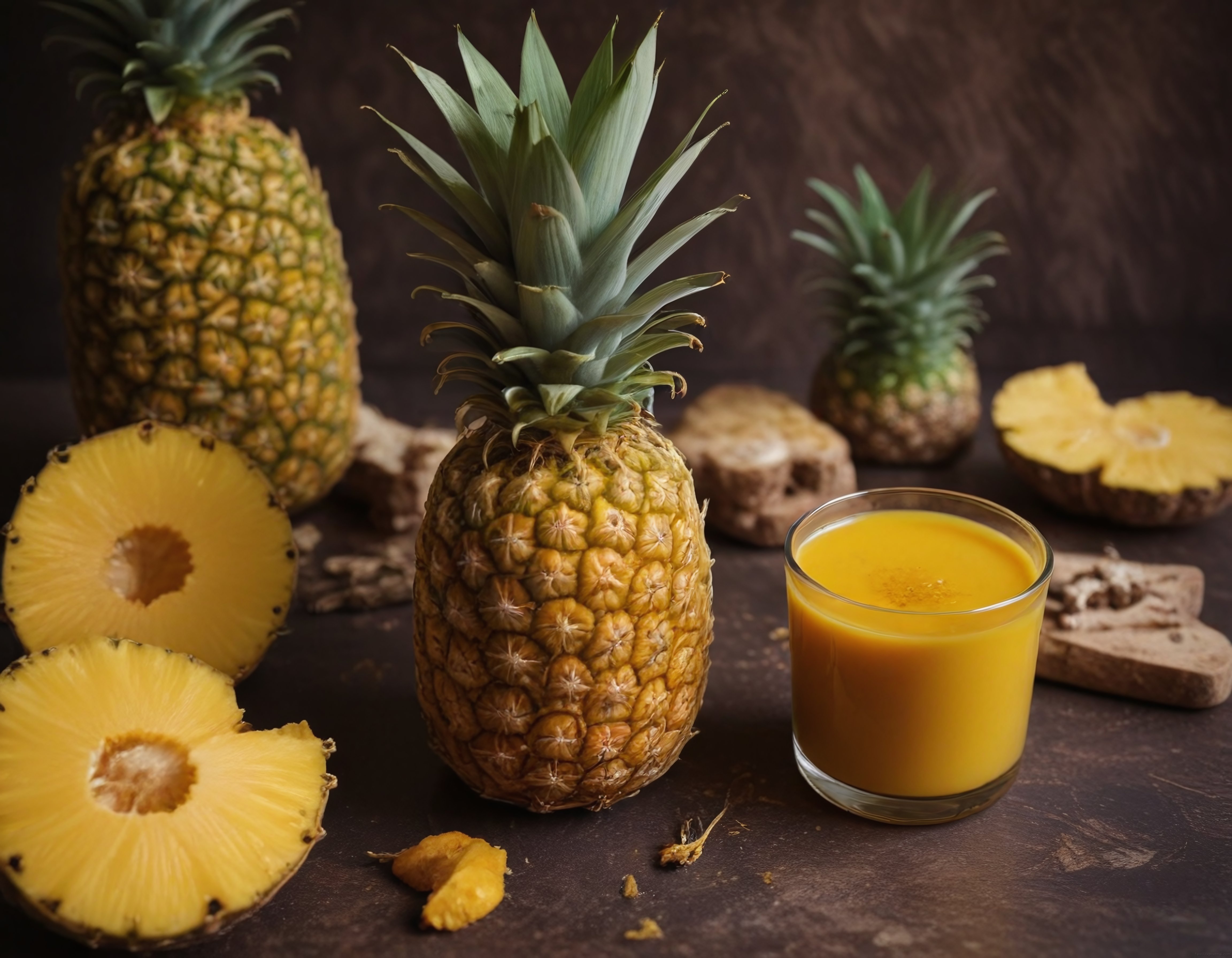Rustik ahşap arka planda bütün ve dilimlenmiş ananas ile taze meyve suyu