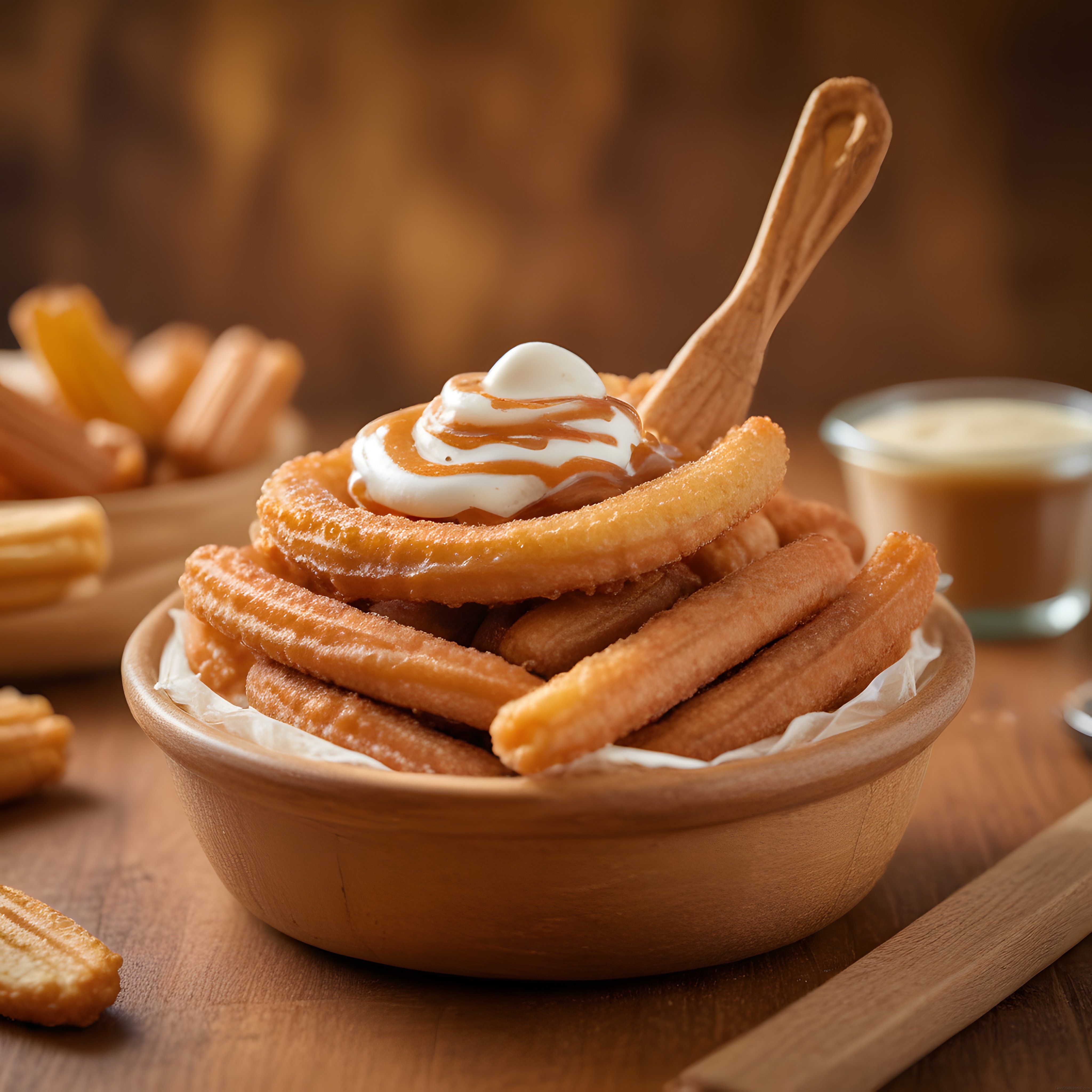 Rustik Ahşap Kapta Karamel Soslu ve Taze Krema ile Süslenmiş Churros