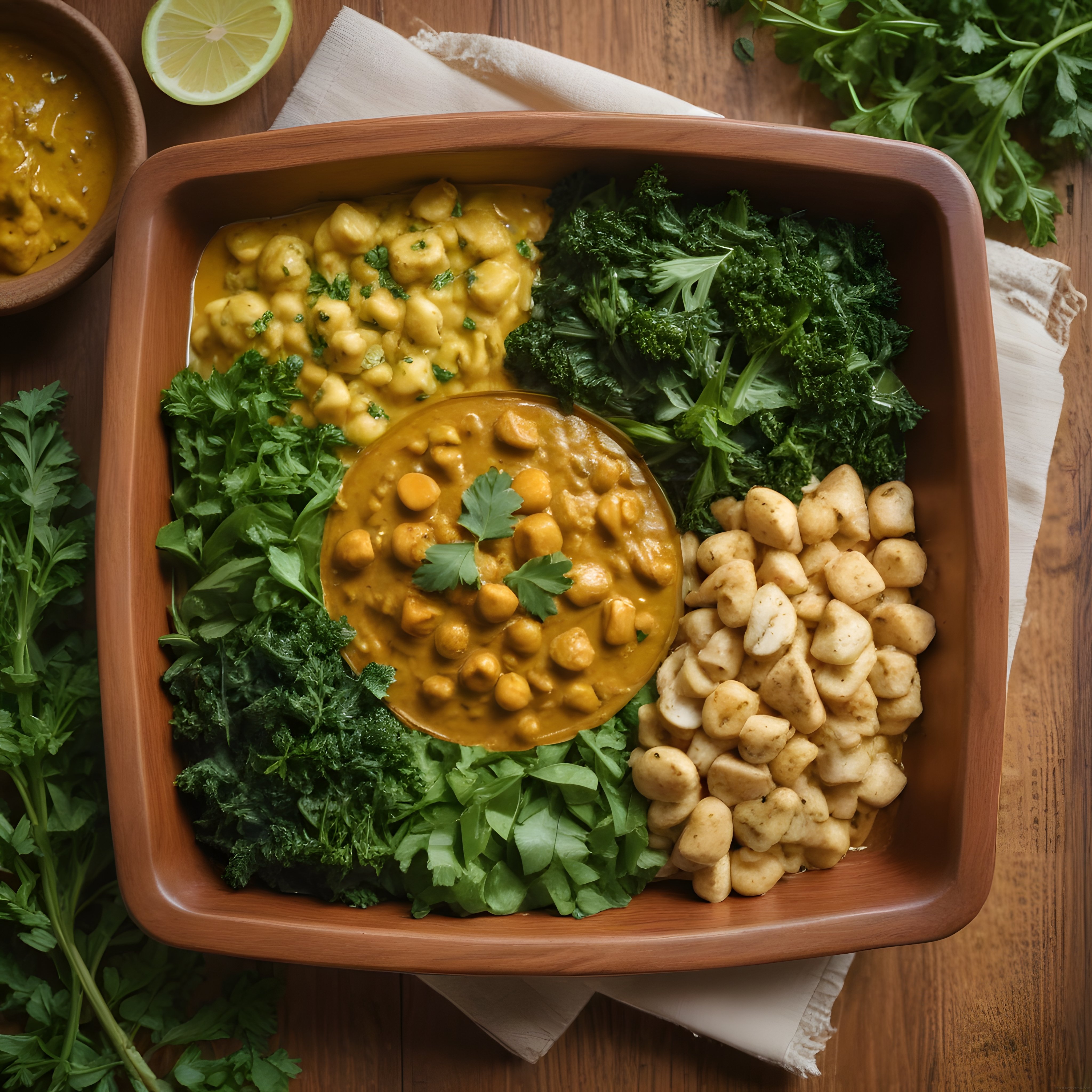 Rustik Ahşap Kapta Nohut Köri ve Yeşilliklerle Besleyici Vegan Buda Kasesi
