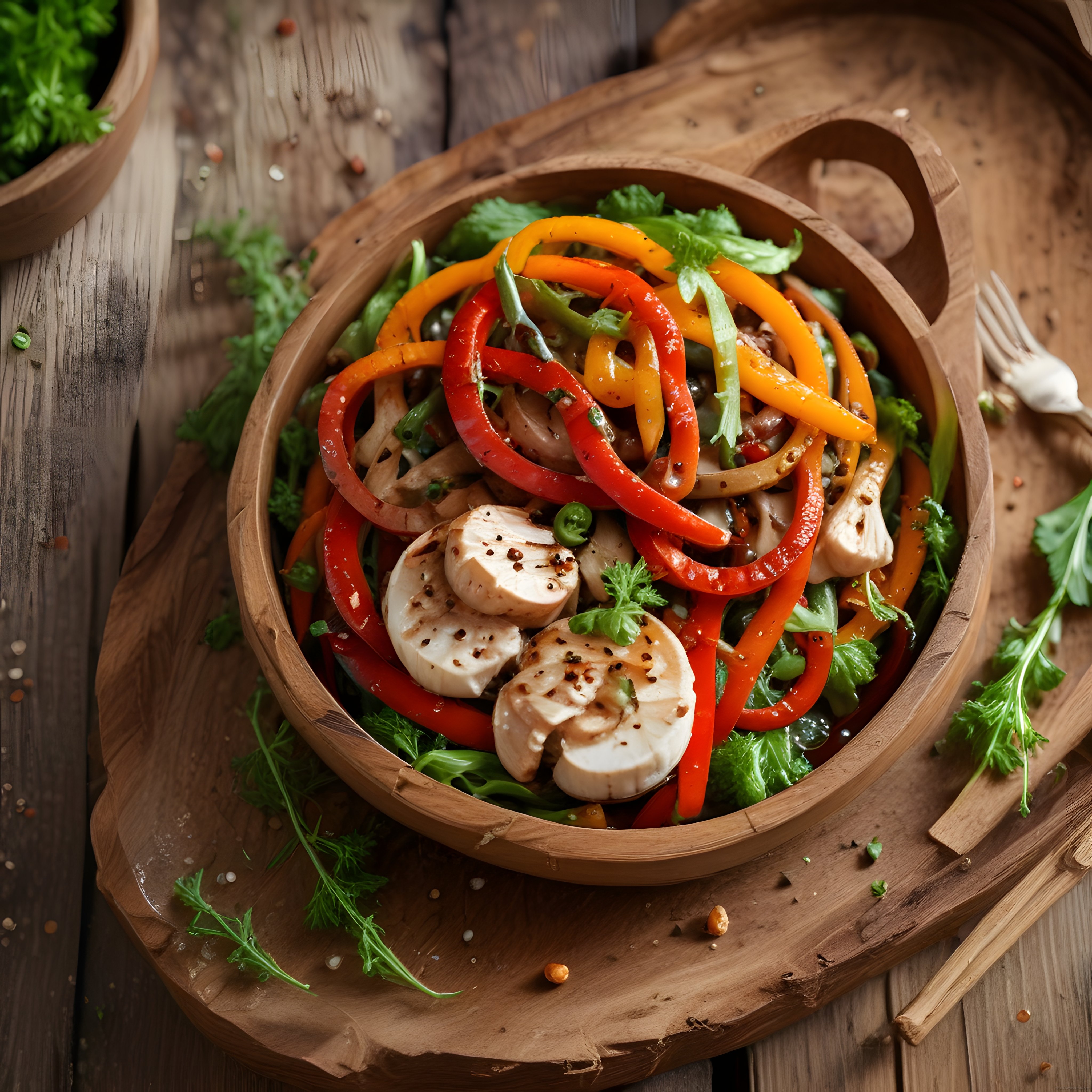Rustik ahşap kapta renkli sebzeli ve glazürlü dilimli vegan salata sunumu