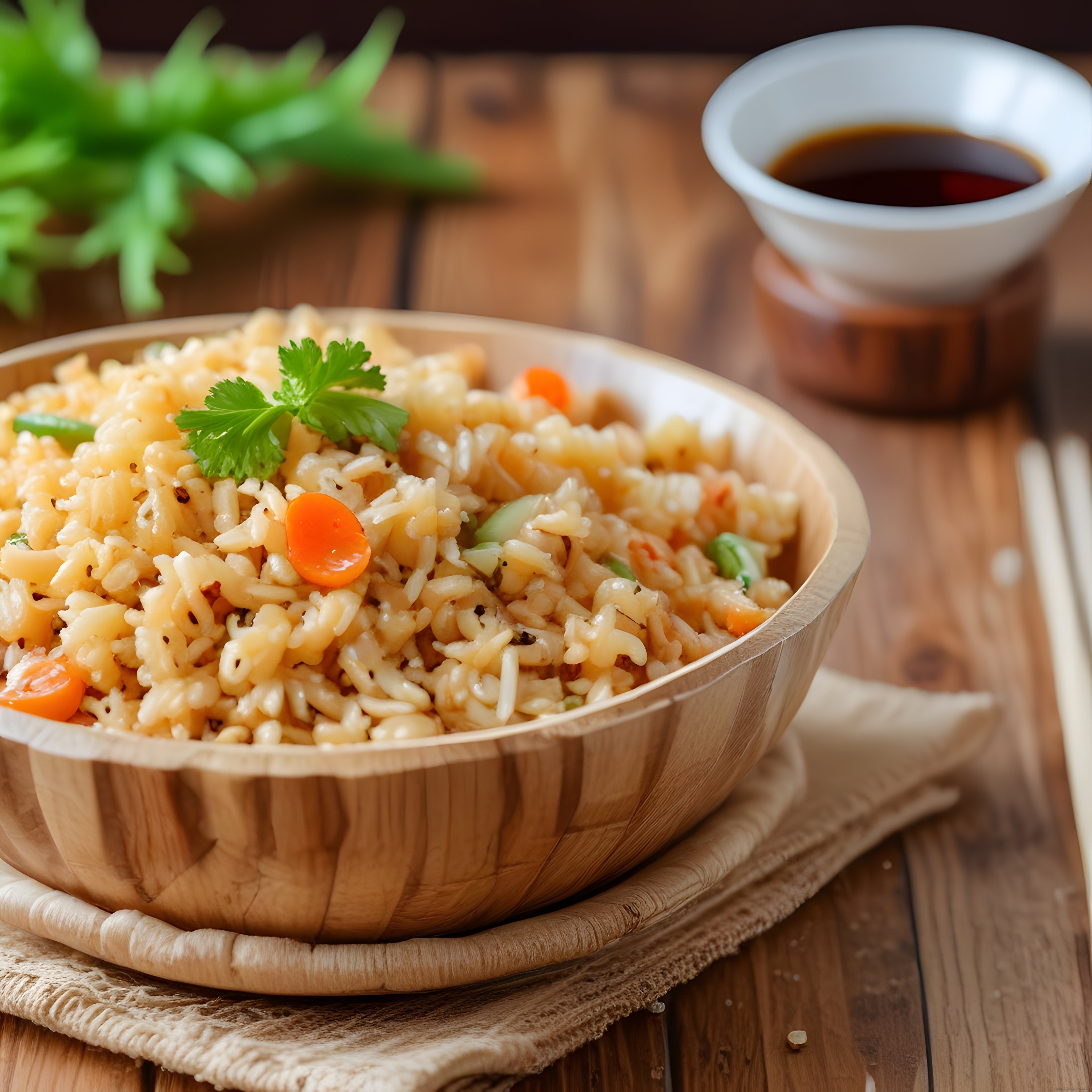Rustik ahşap kapta sebzeli Asya usulü pirinç pilavı ve soya sosu sunumu
