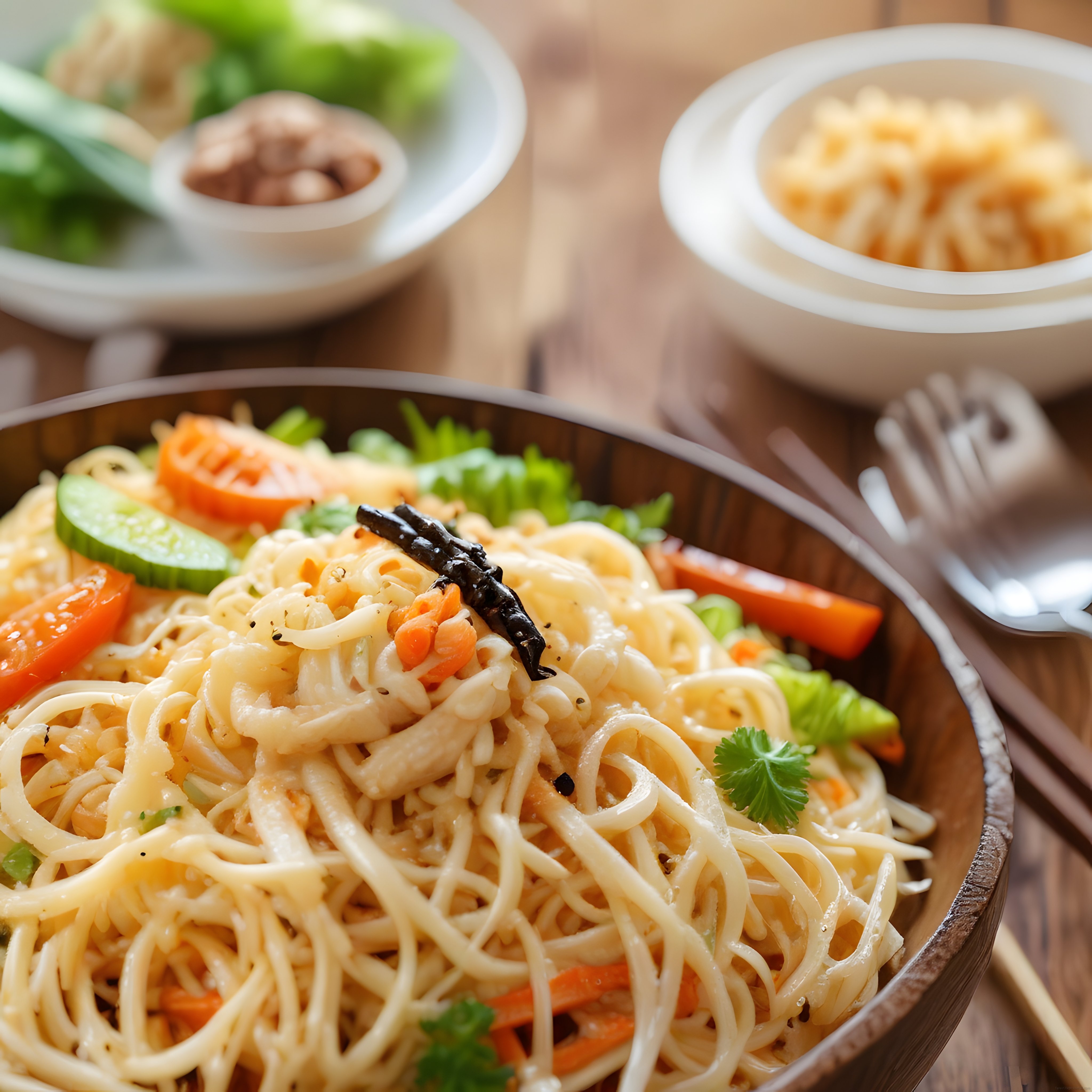 Rustik Ahşap Kapta Sebzeli Noodle Makarna ve Arka Planda Lezzet Sunumları