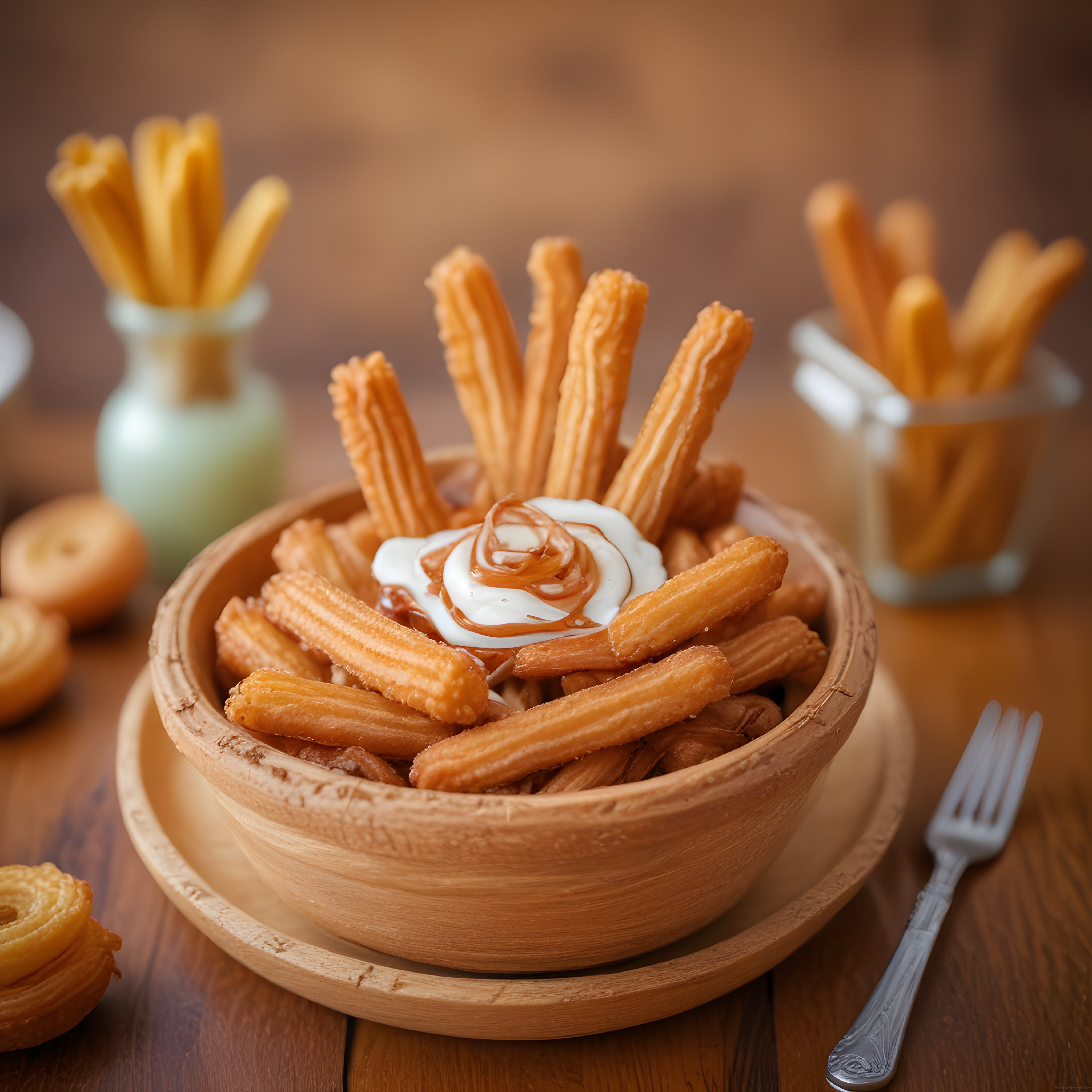 Rustik Ahşap Kapta Sıcak Churros Üzerinde Karamel ve Krema Soslu Tatlı Sunumu
