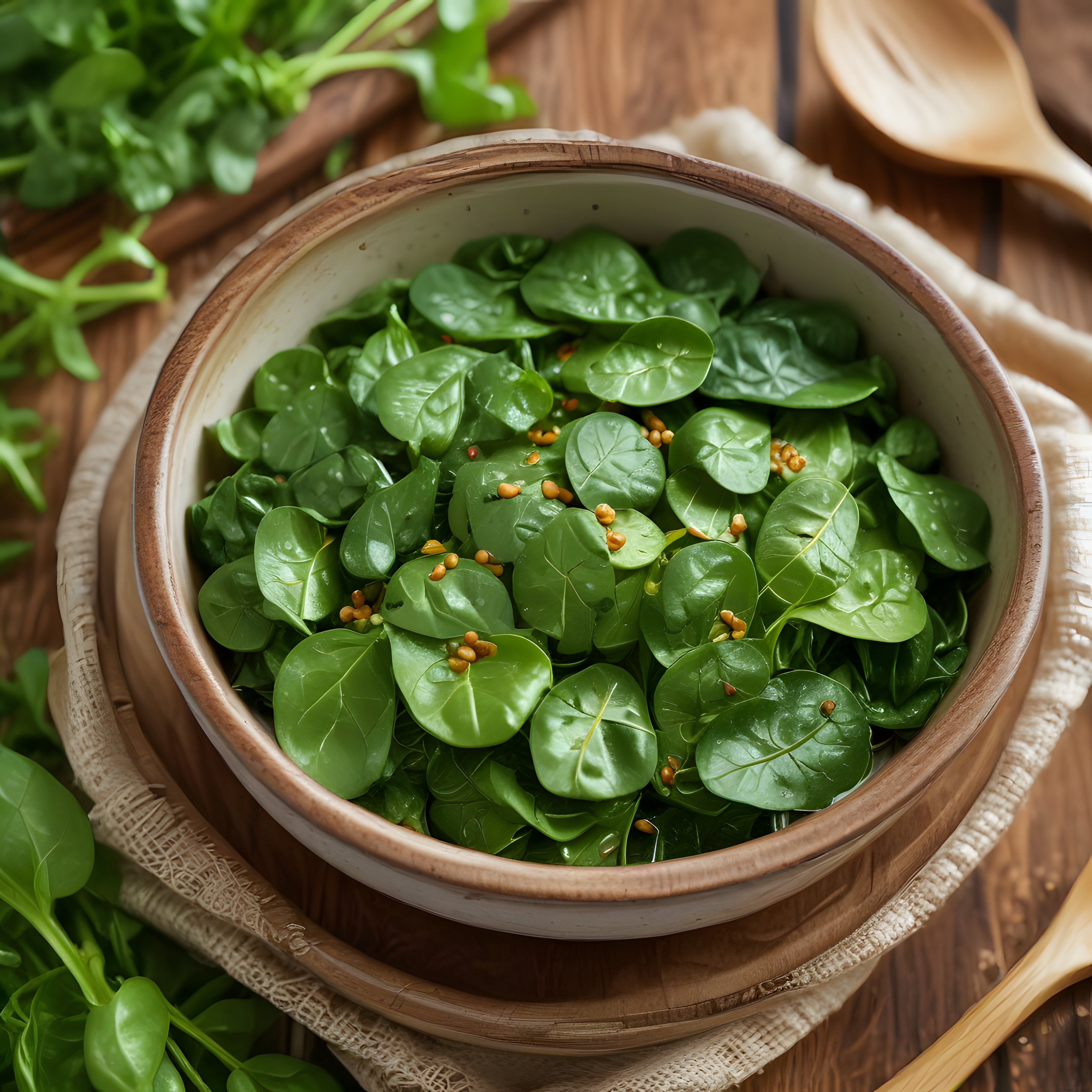 Rustik Ahşap Kapta Taze Ispanak ve Baharat Soslu Sağlıklı Salata Sunumu