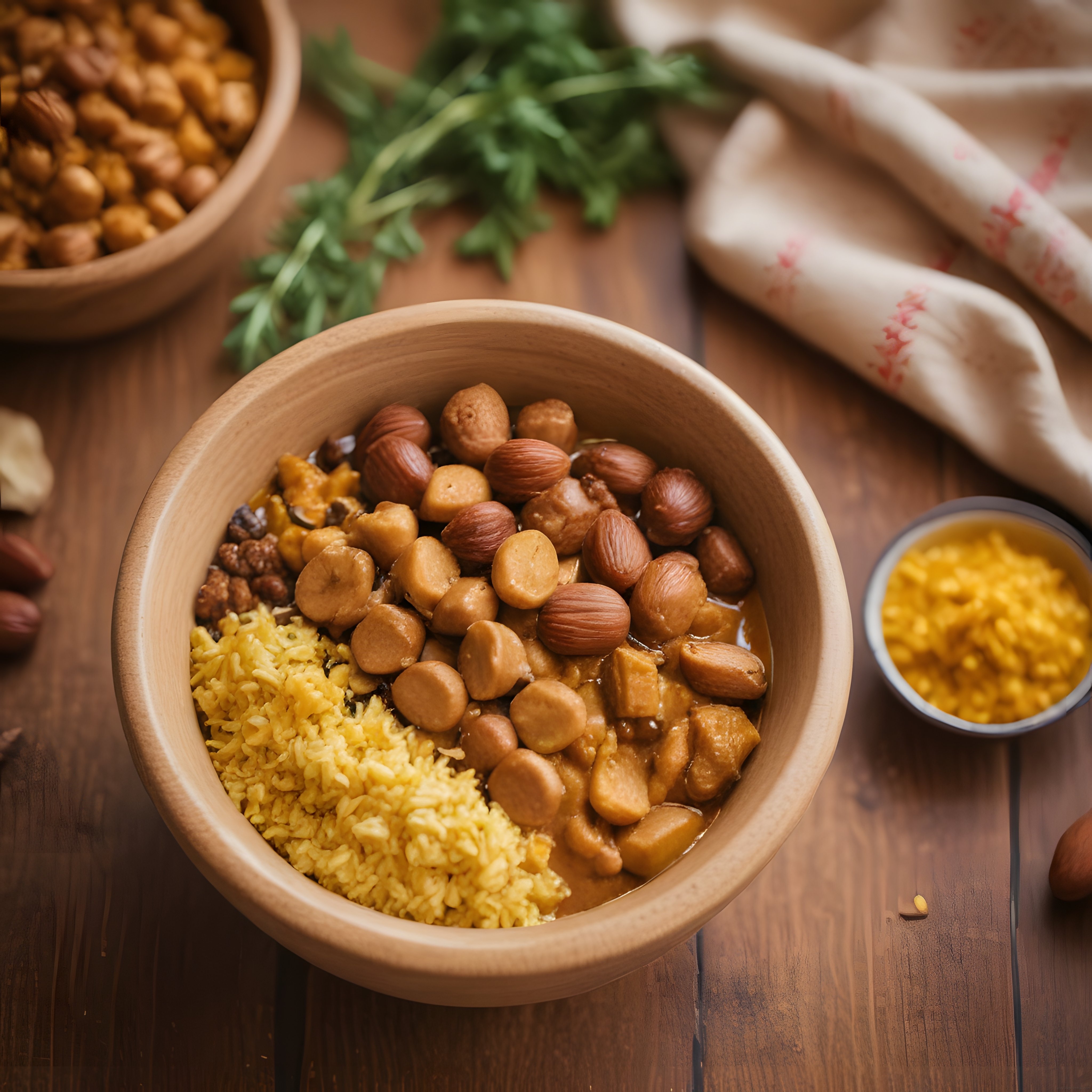 Rustik ahşap kapta zerdeçallı pilav fındık ve mercimekli vegan bowl tabağı
