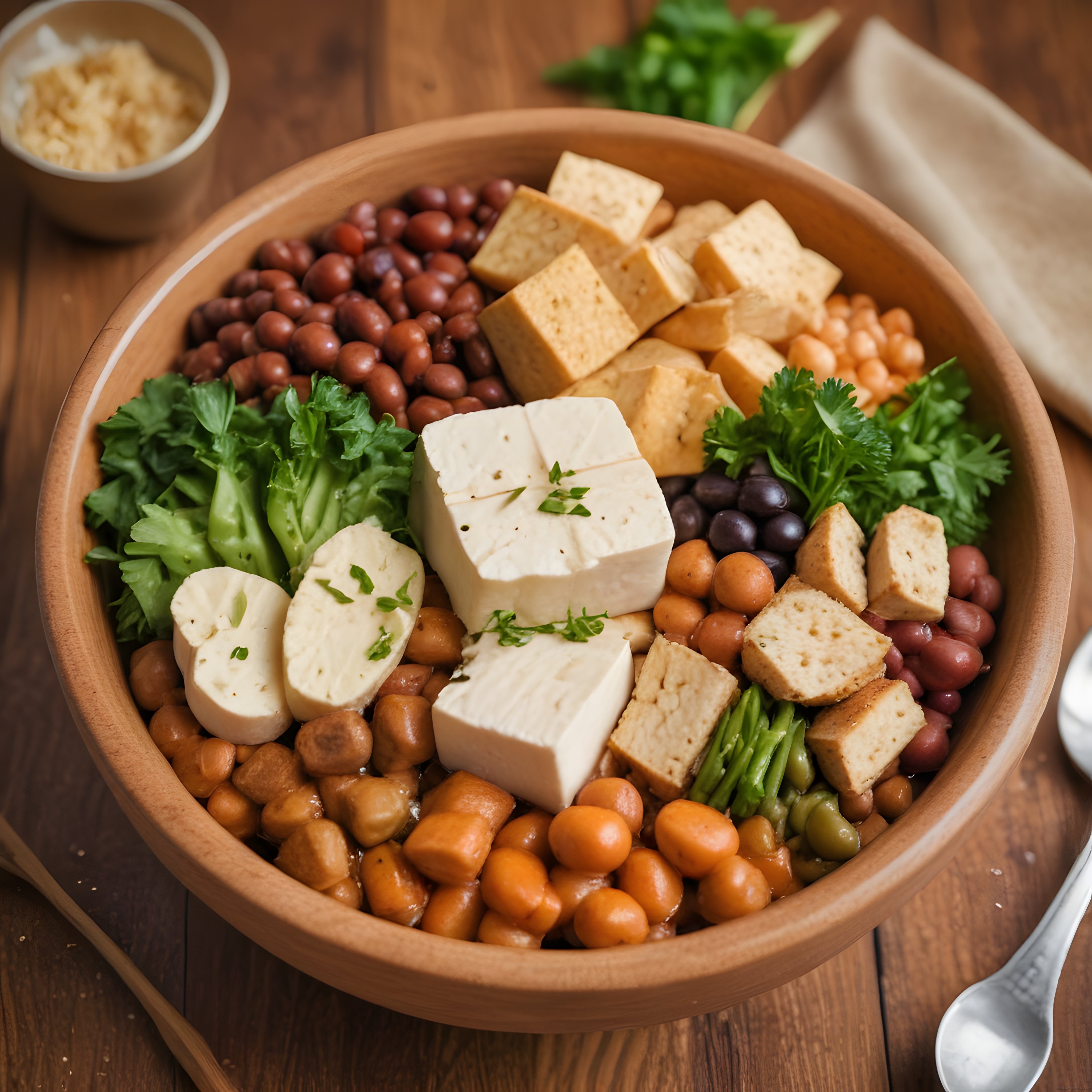 Rustik Ahşap Kasede Baklagil ve Tofu ile Hazırlanan Protein Dolu Vegan Kase
