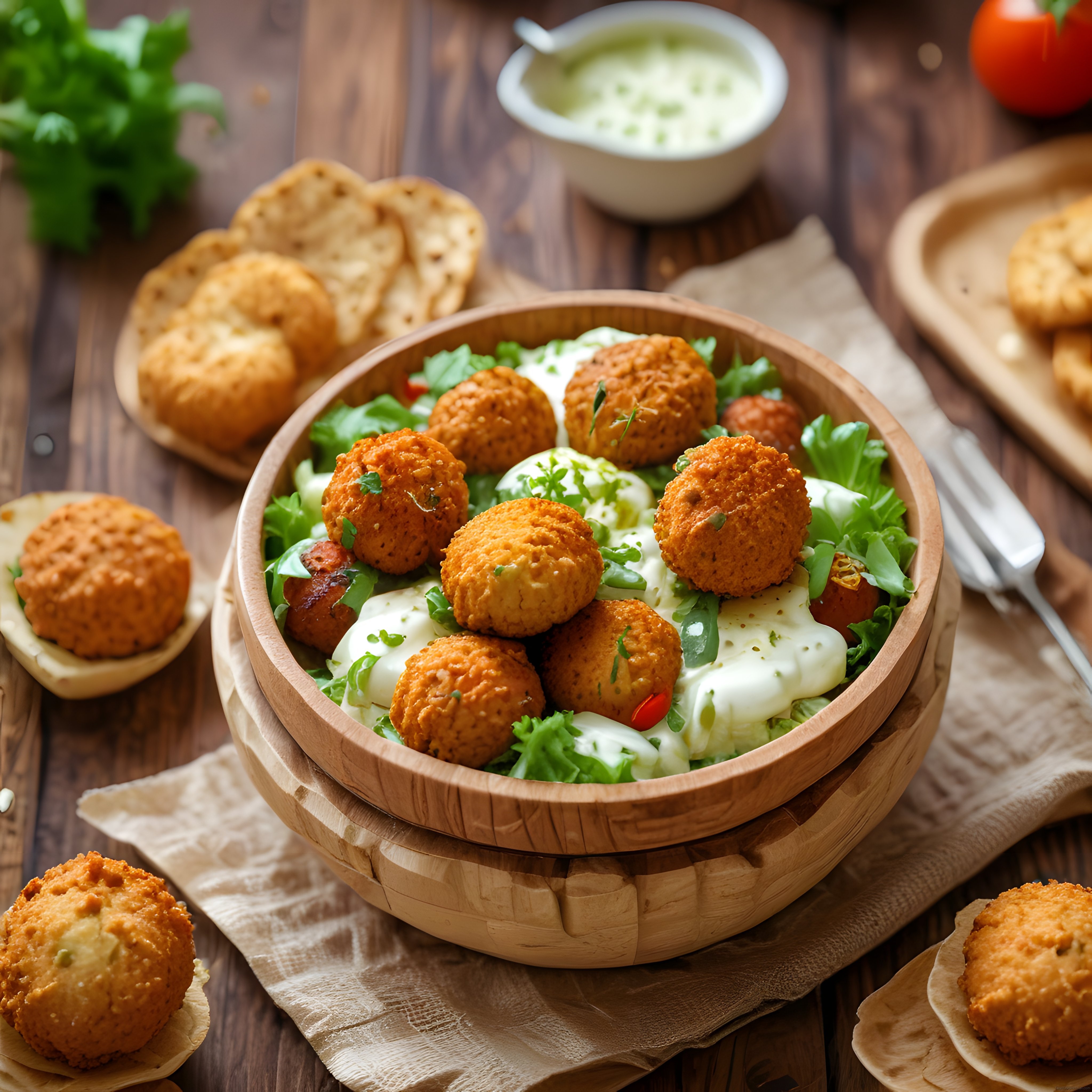 Rustik Ahşap Kasede Çıtır Falafel Topları ve Taze Yeşillikli Dip Sosu
