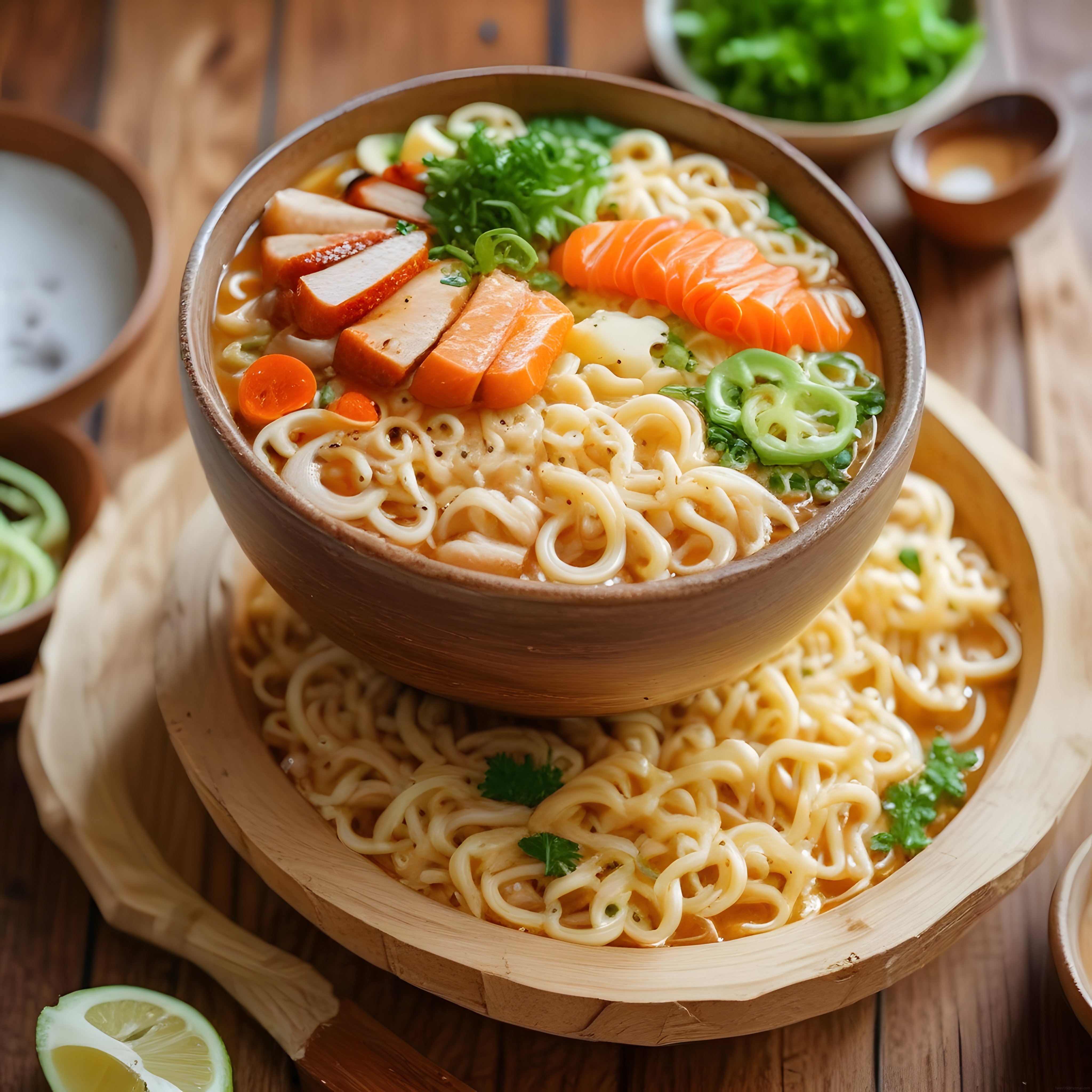 Rustik Ahşap Kasede Füme Somonlu ve Izgara Tavuklu Noodle Çorbası