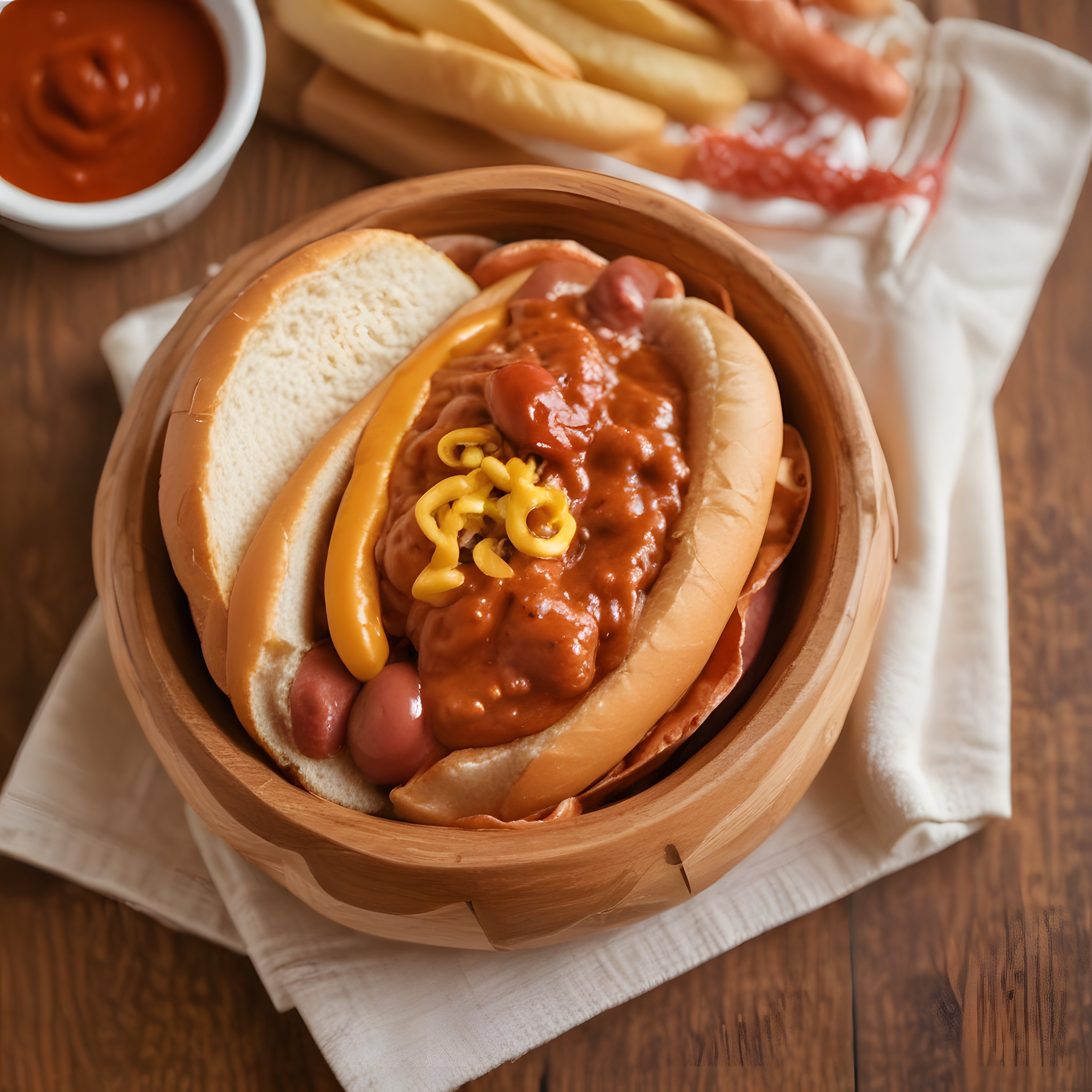 Rustik Ahşap Kasede Hardallı Soslu Hot Dog ve Patates Kızartması