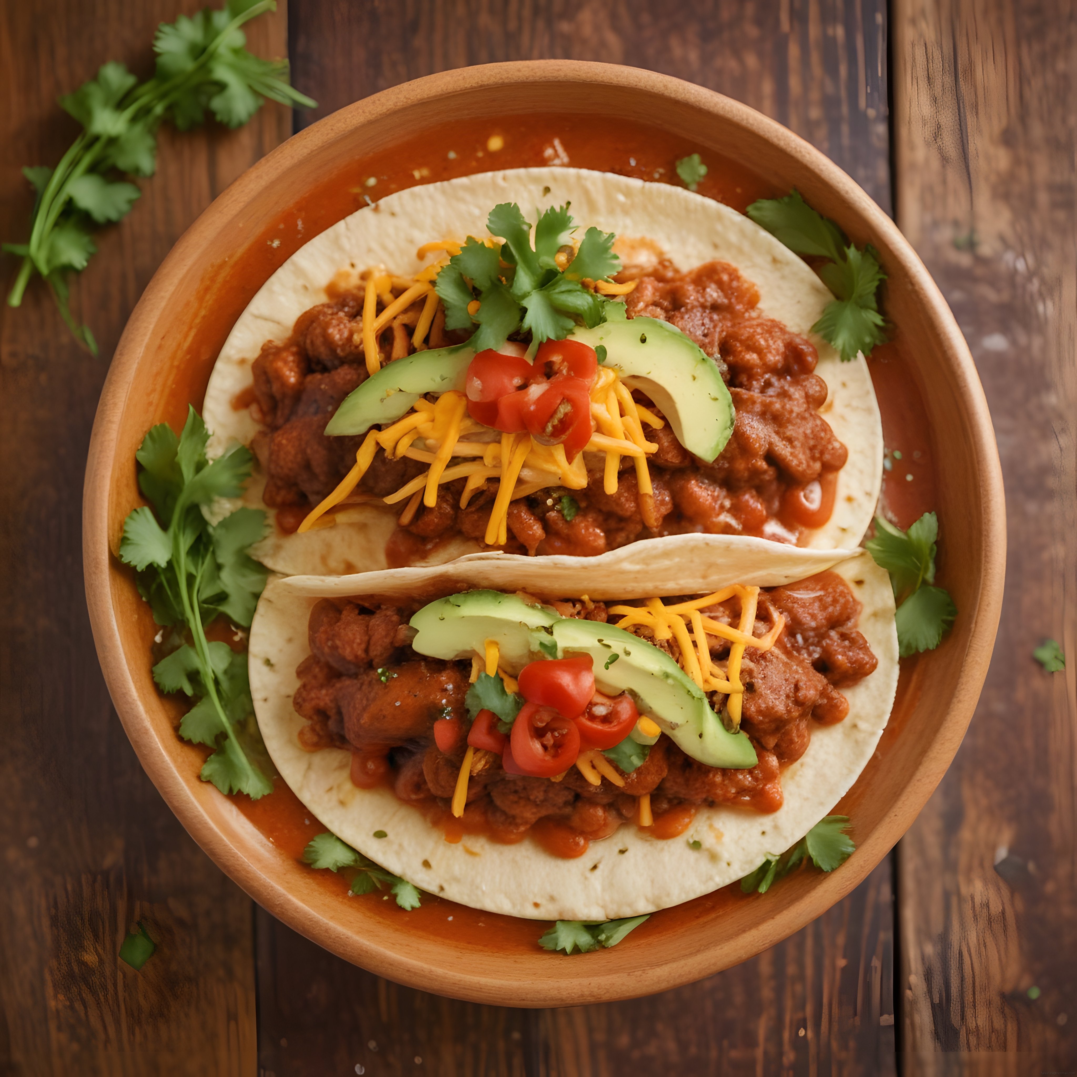 Rustik Ahşap Kasede Meksika Usulü Baharatlı Etli Taco Sunumu