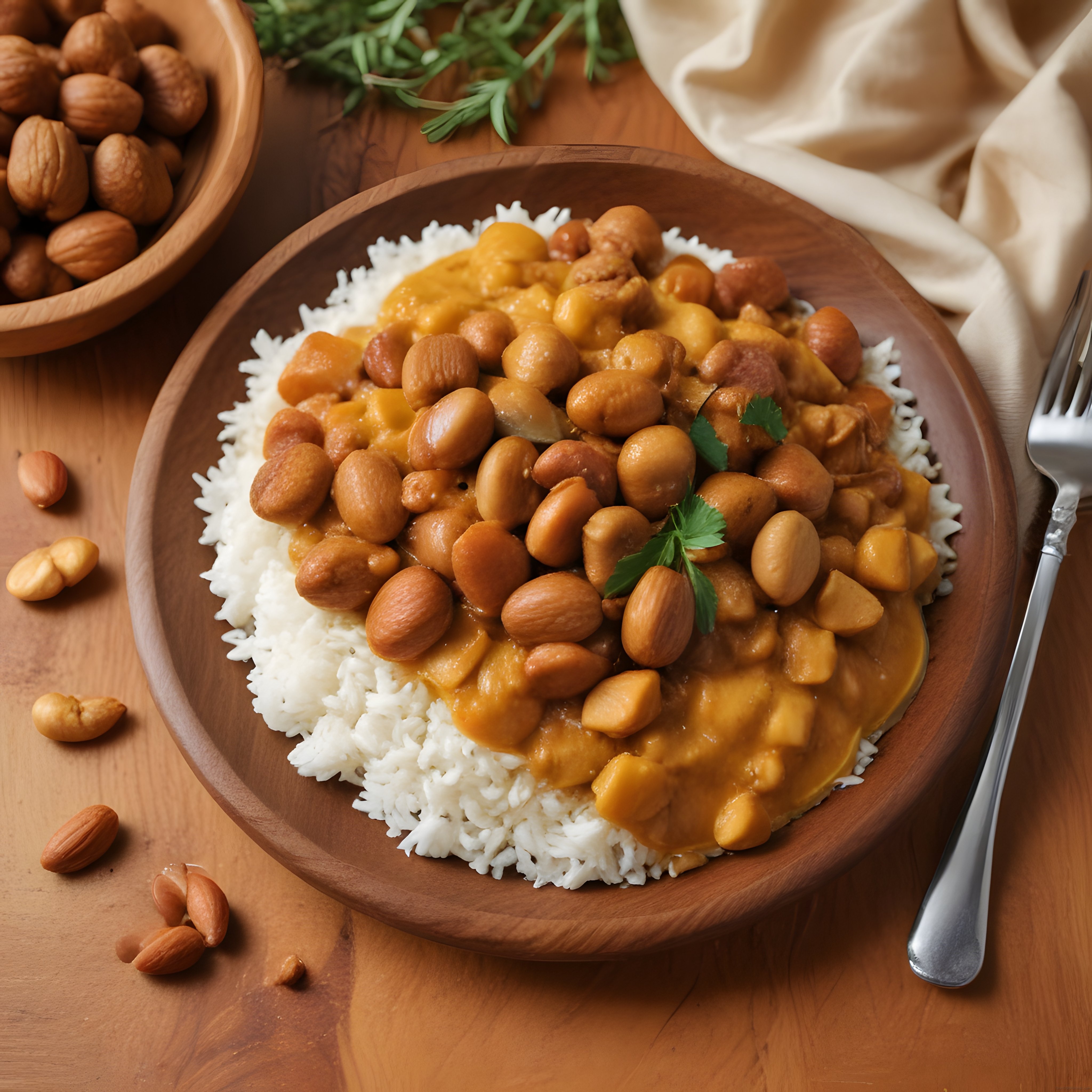 Rustik Ahşap Kasede Nohutlu Fıstıklı Vegan Curry ve Beyaz Pilav Sunumu