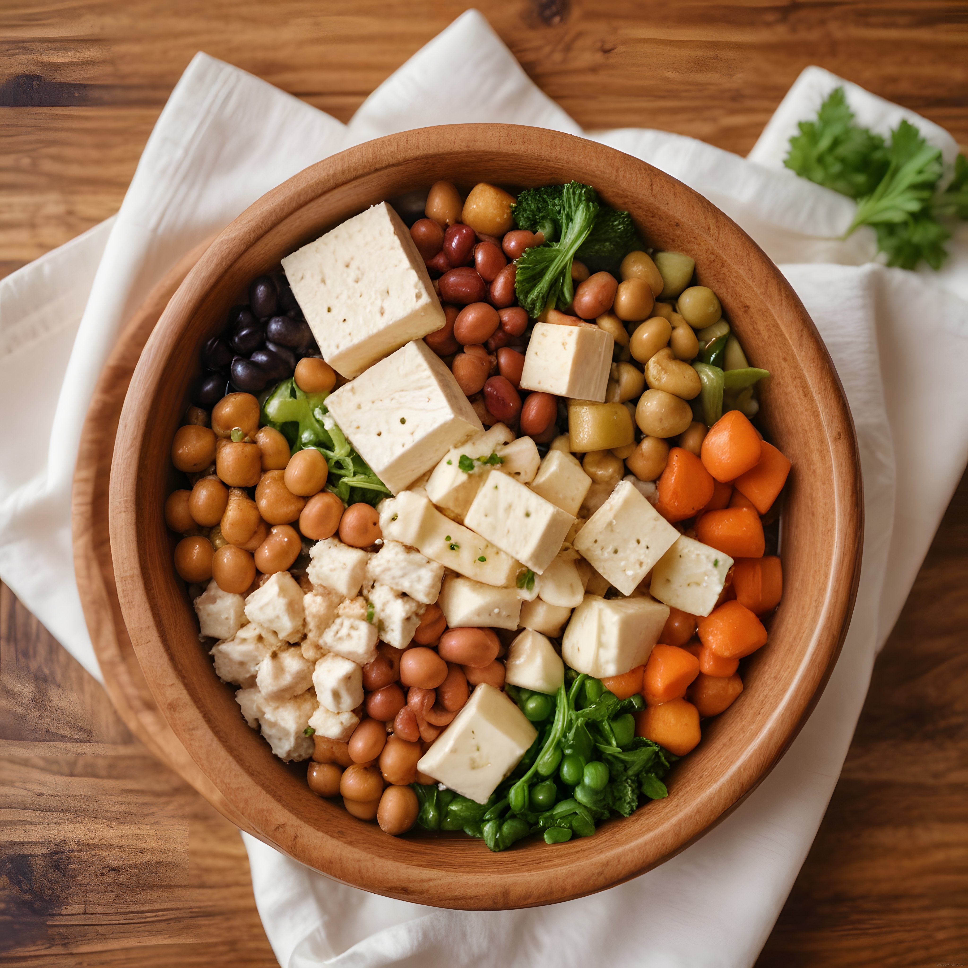 Rustik Ahşap Kasede Nohutlu Tofulu ve Sebzeli Sağlıklı Protein Kasesi