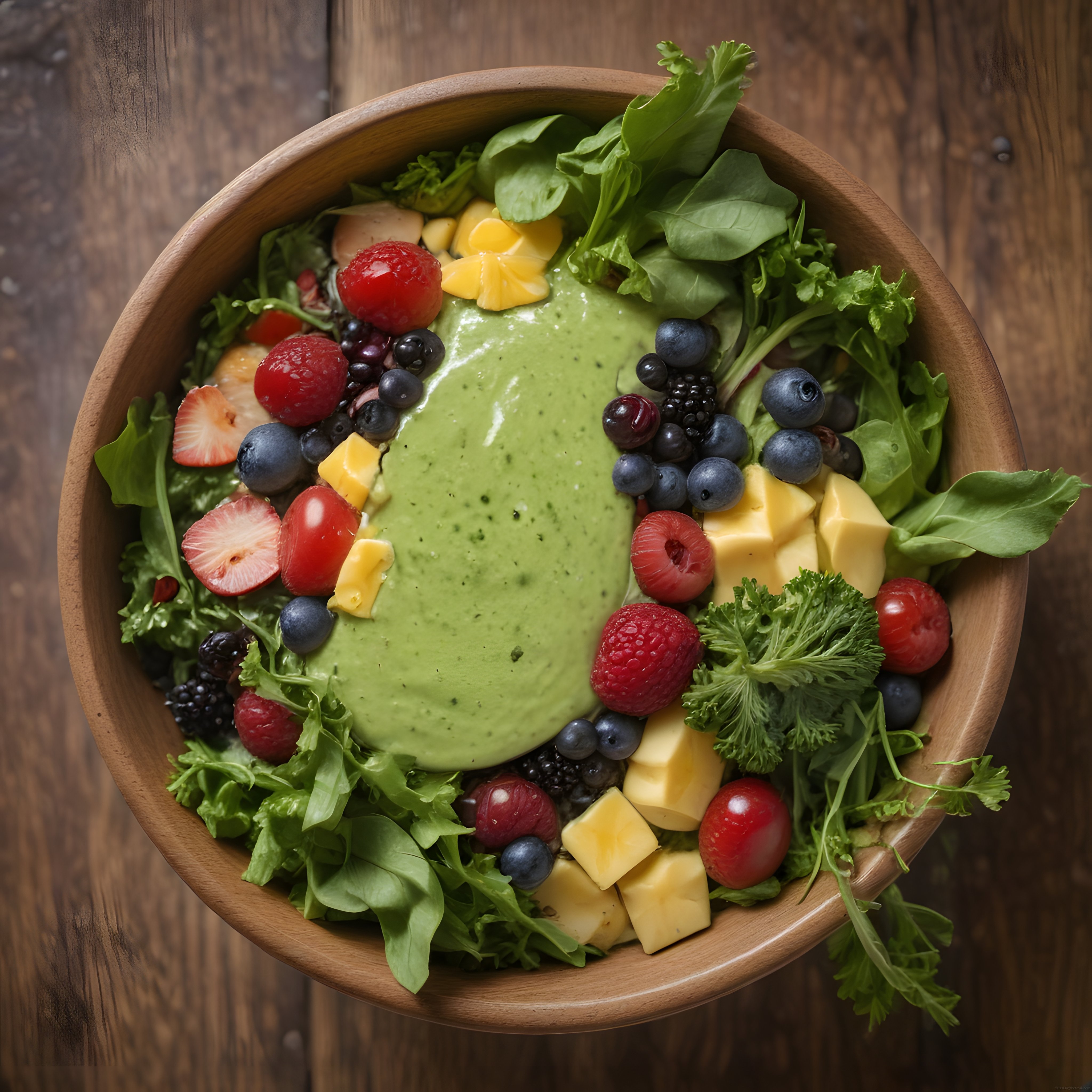 Rustik ahşap kasede renkli meyveli ve yeşillikli besleyici smoothie kasesi