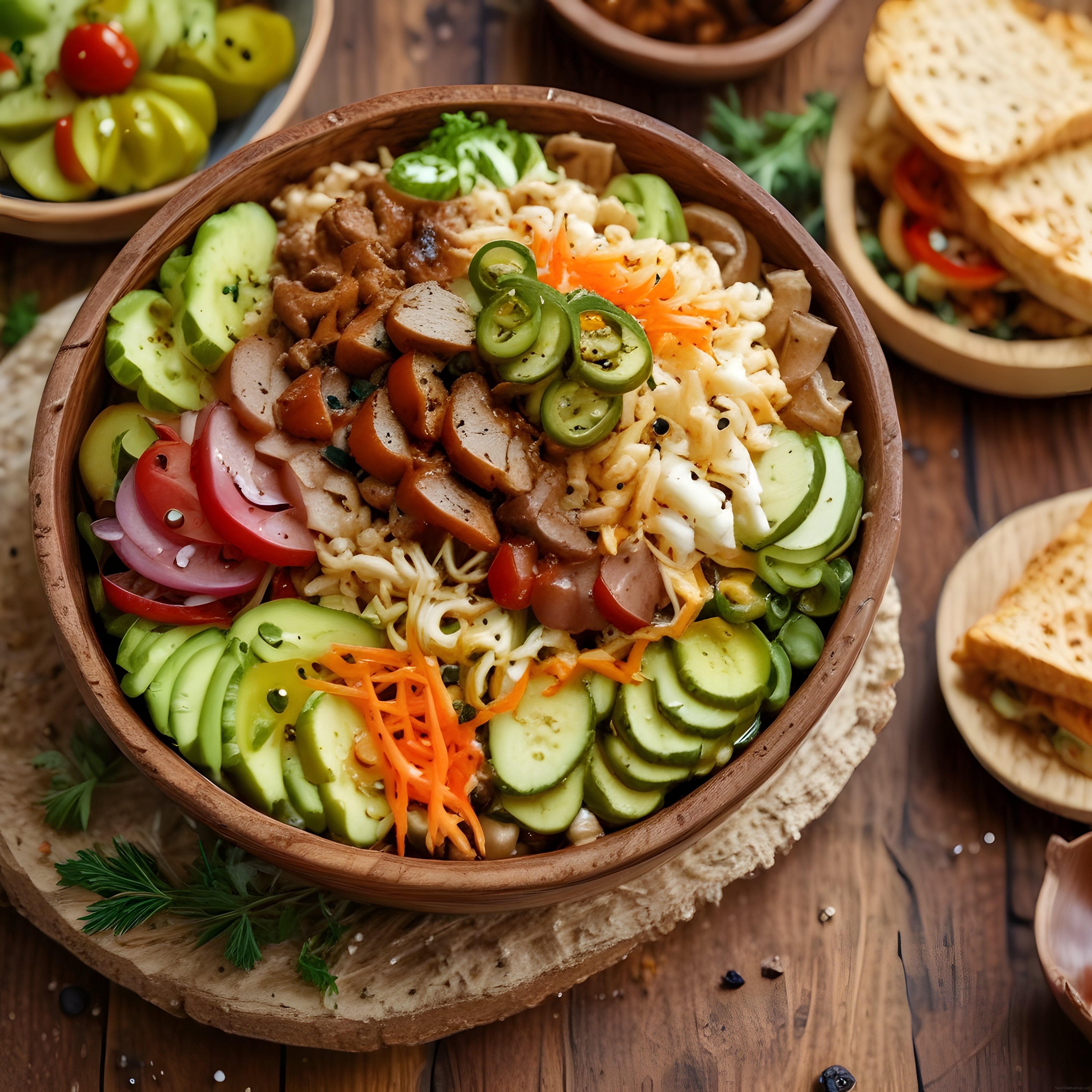 rustik ahşap kasede taze ve sağlıklı bol malzemeli noodle salata kasesi
