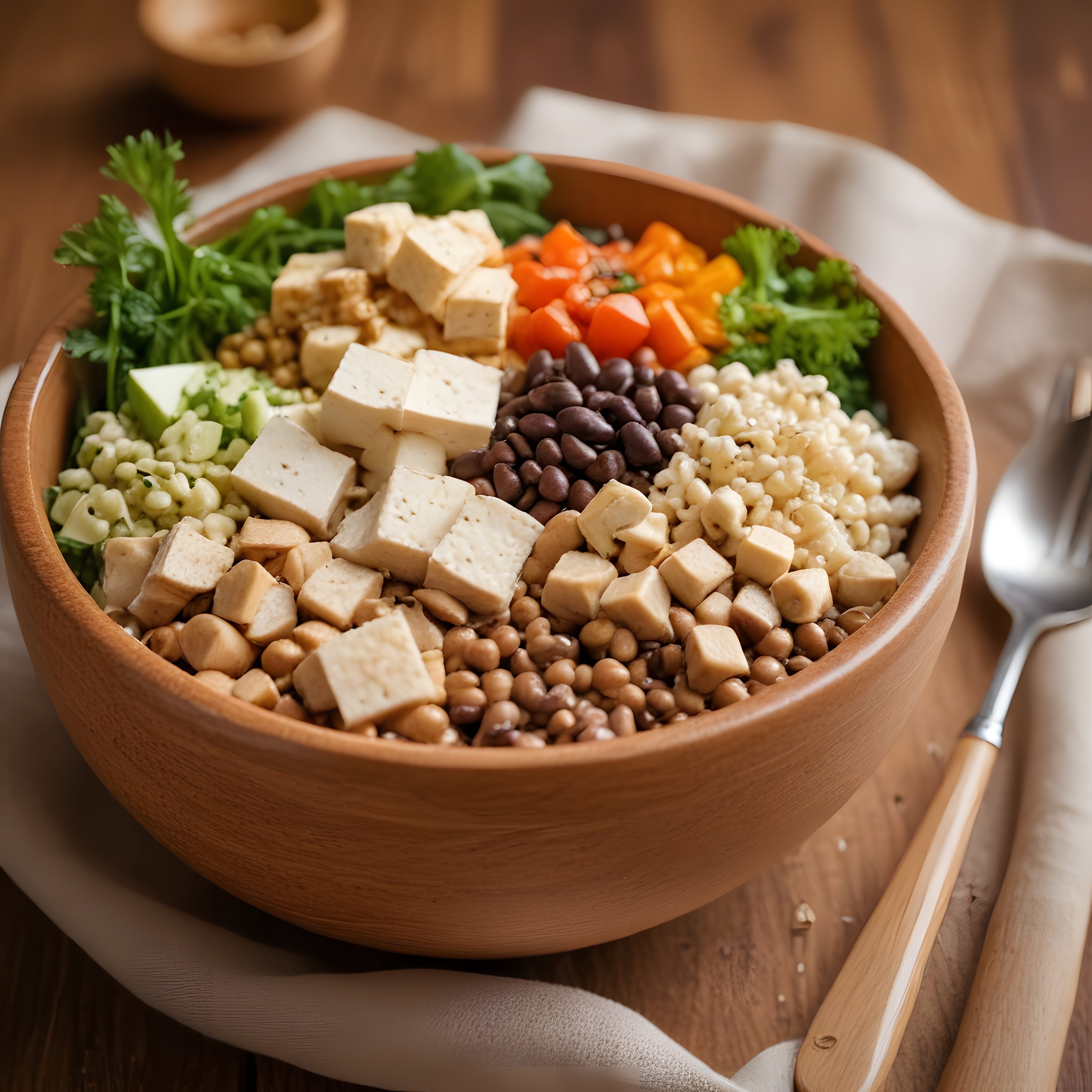 Rustik Ahşap Kasede Tofu ve Bakliyatlı Renkli Sağlıklı Vegan Bowl
