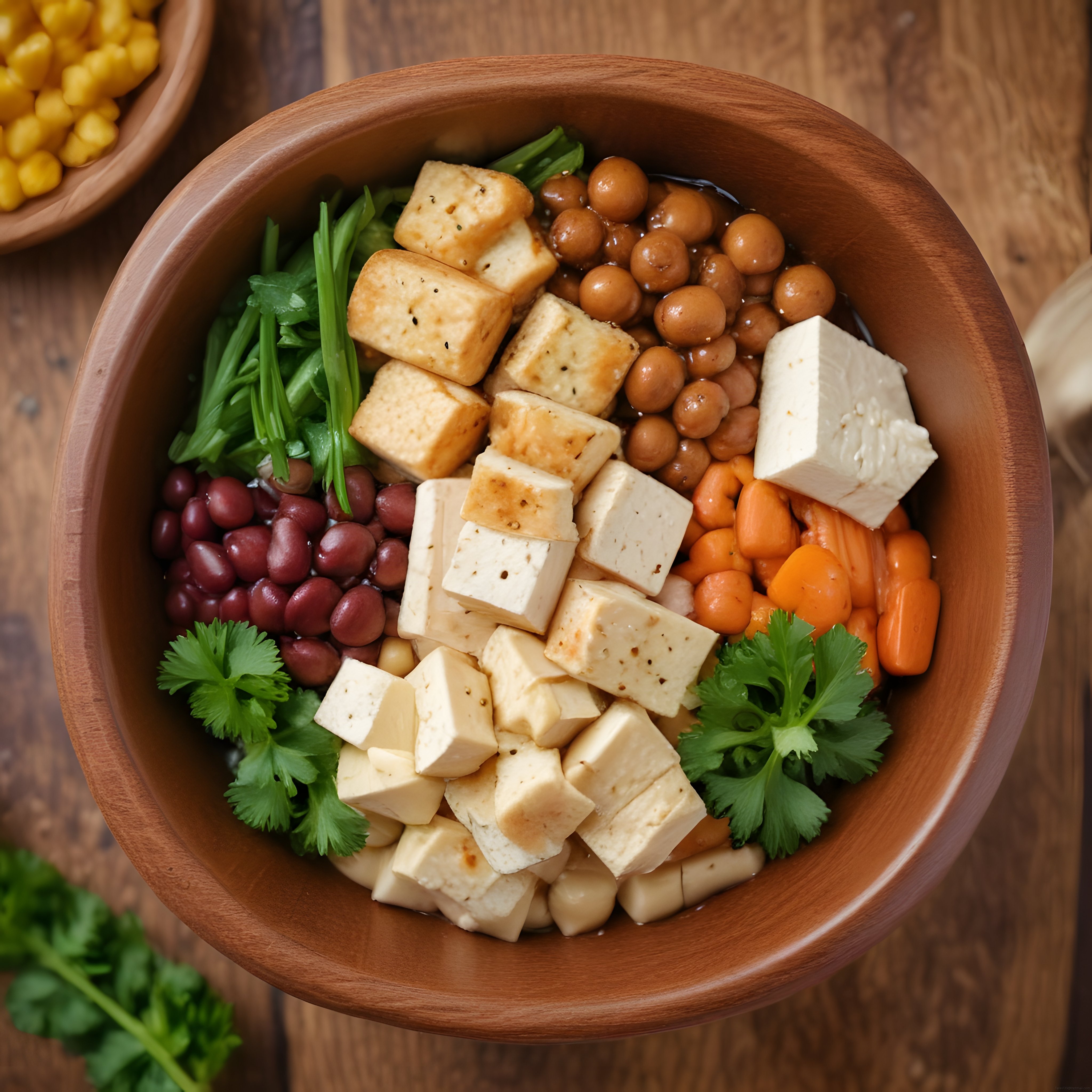 Rustik ahşap kasede tofu ve bakliyatlı renkli vegan beslenme kasesi