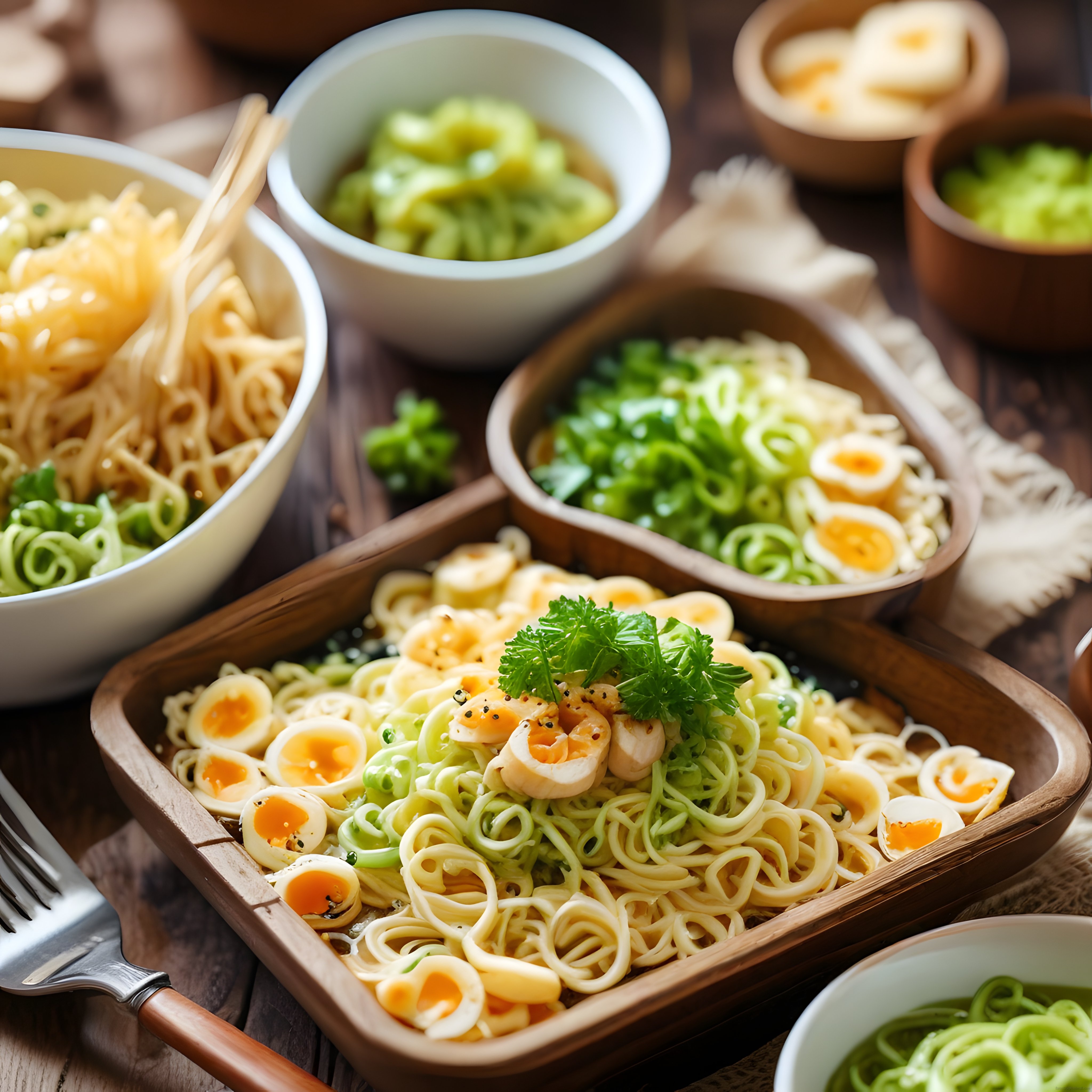 Rustik Ahşap Kasede Yumurtalı Erişte ve Taze Yeşilliklerle Noodle Sunumu