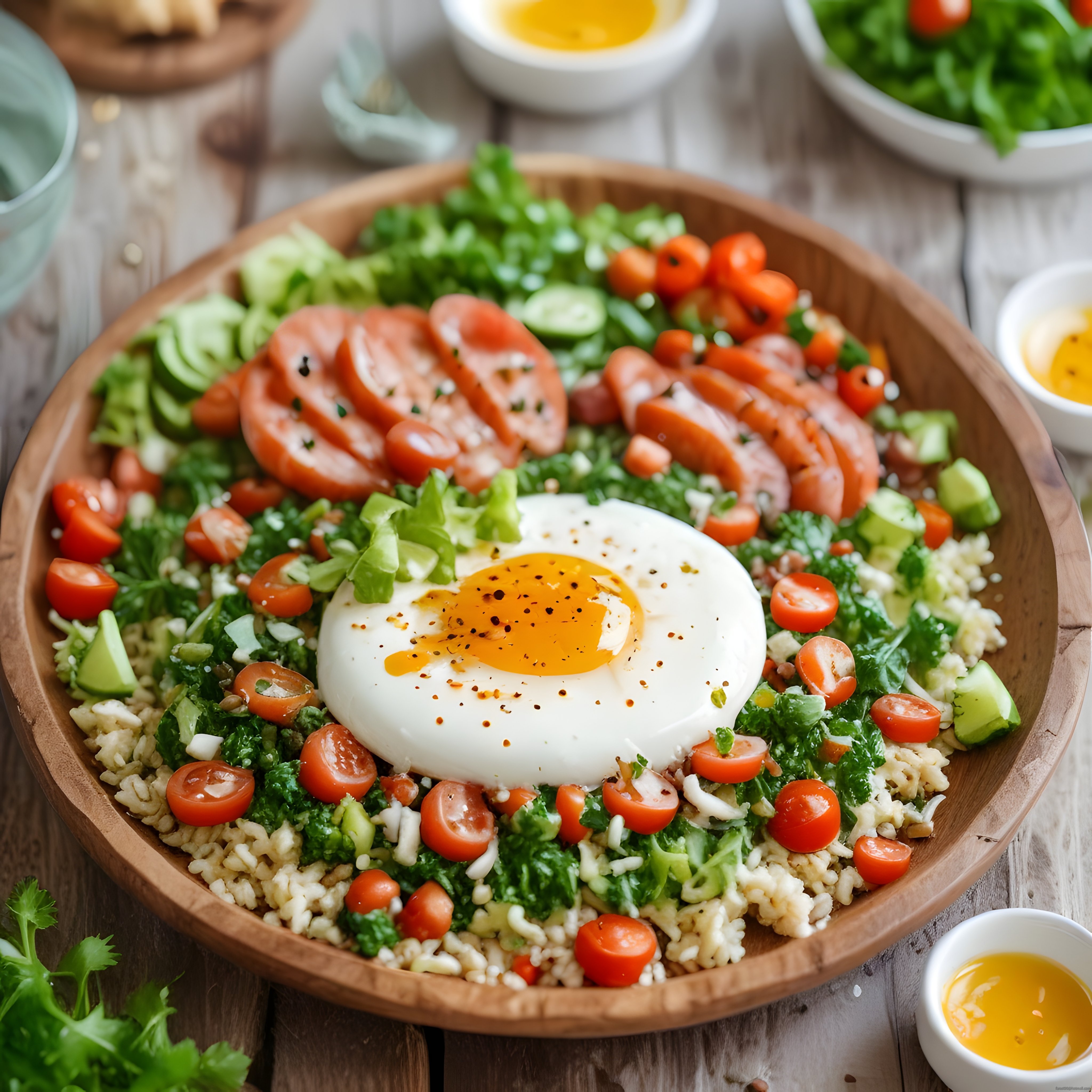 Rustik ahşap kasede yumurtalı ve taze sebzeli besleyici kahvaltı kasesi