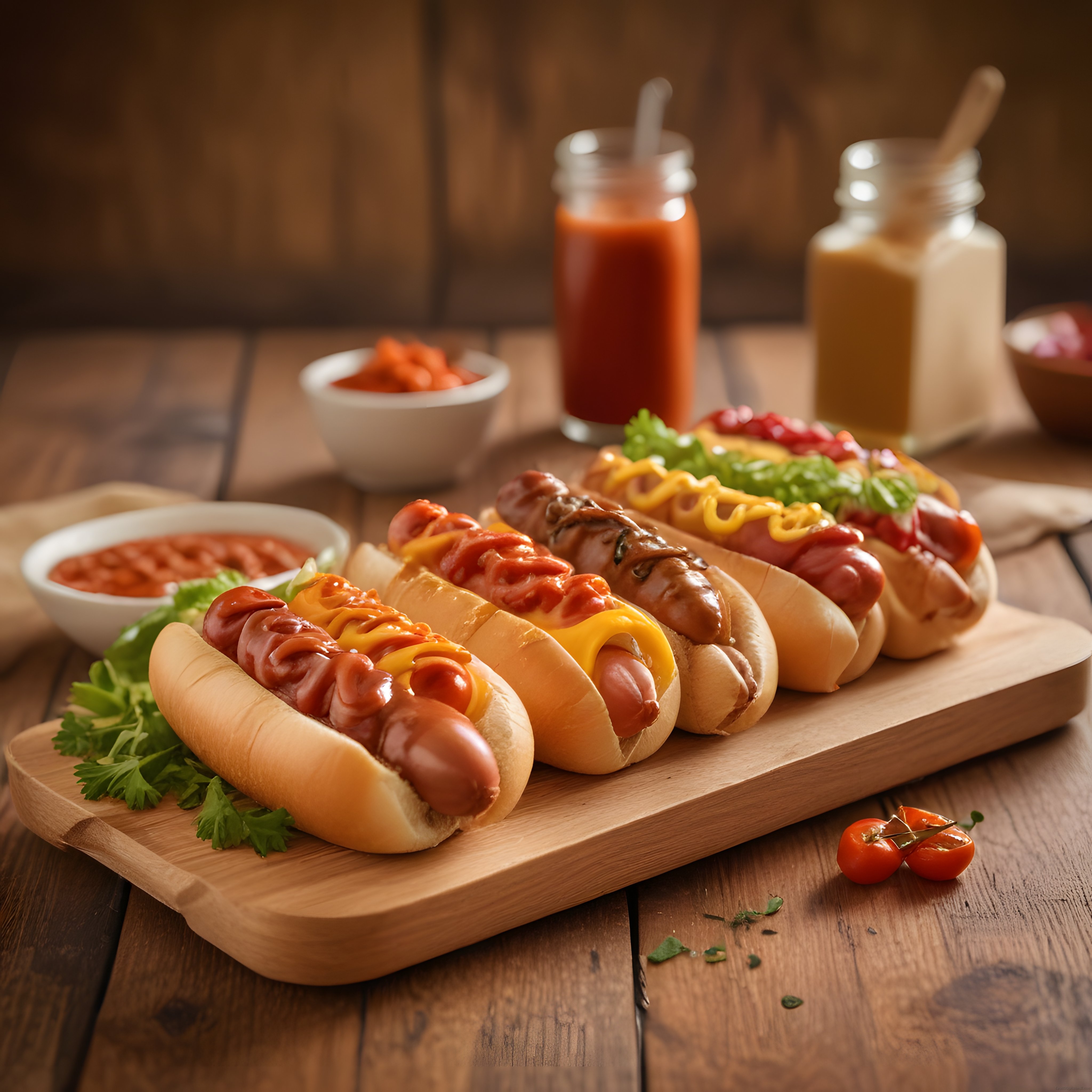 Rustik Ahşap Masa Atmosferinde Çeşitli Soslu Hot Dog ve Sofra Dekoru