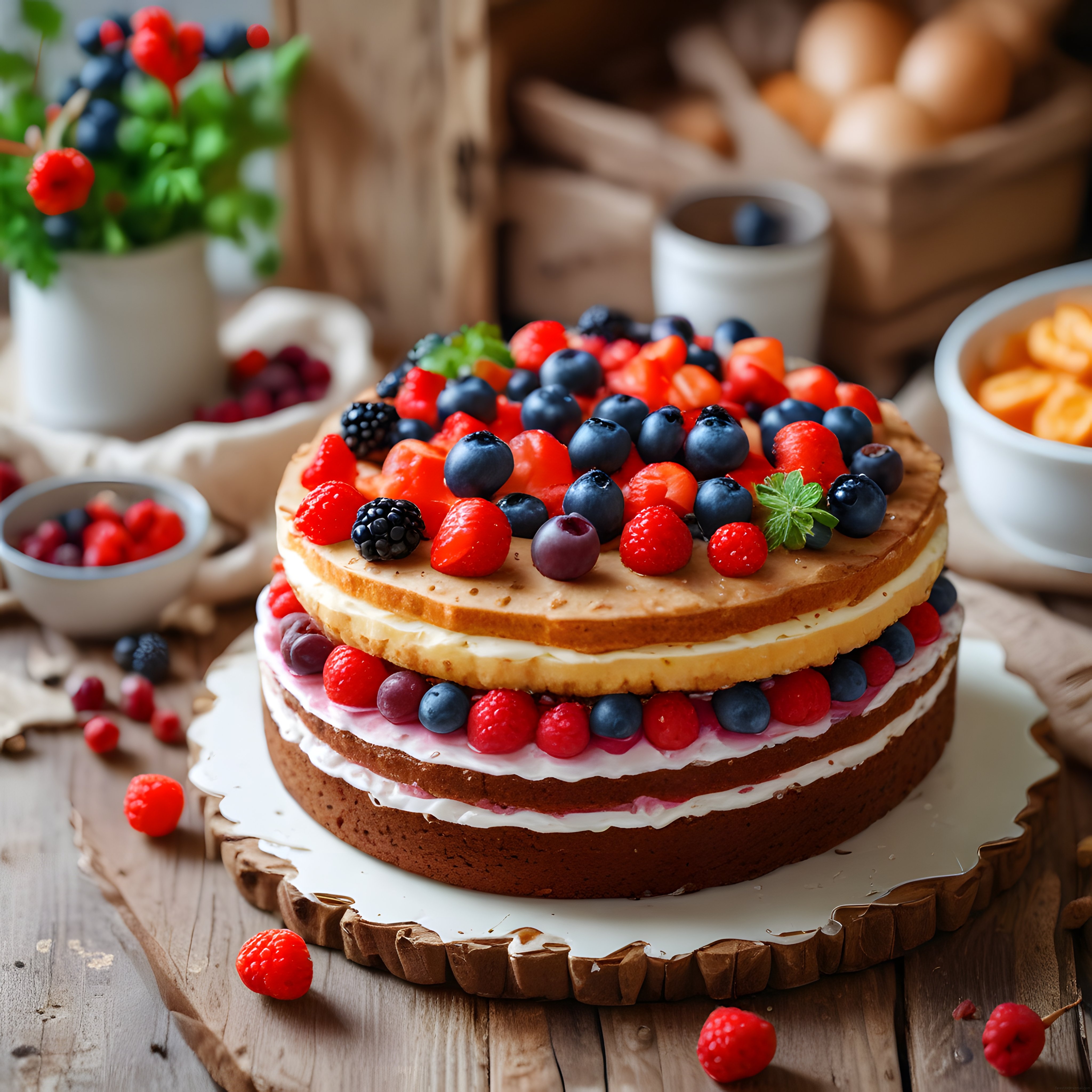 Rustik Ahşap Masa Üzerinde Bol Orman Meyveli Kremalı Katlı Tart
