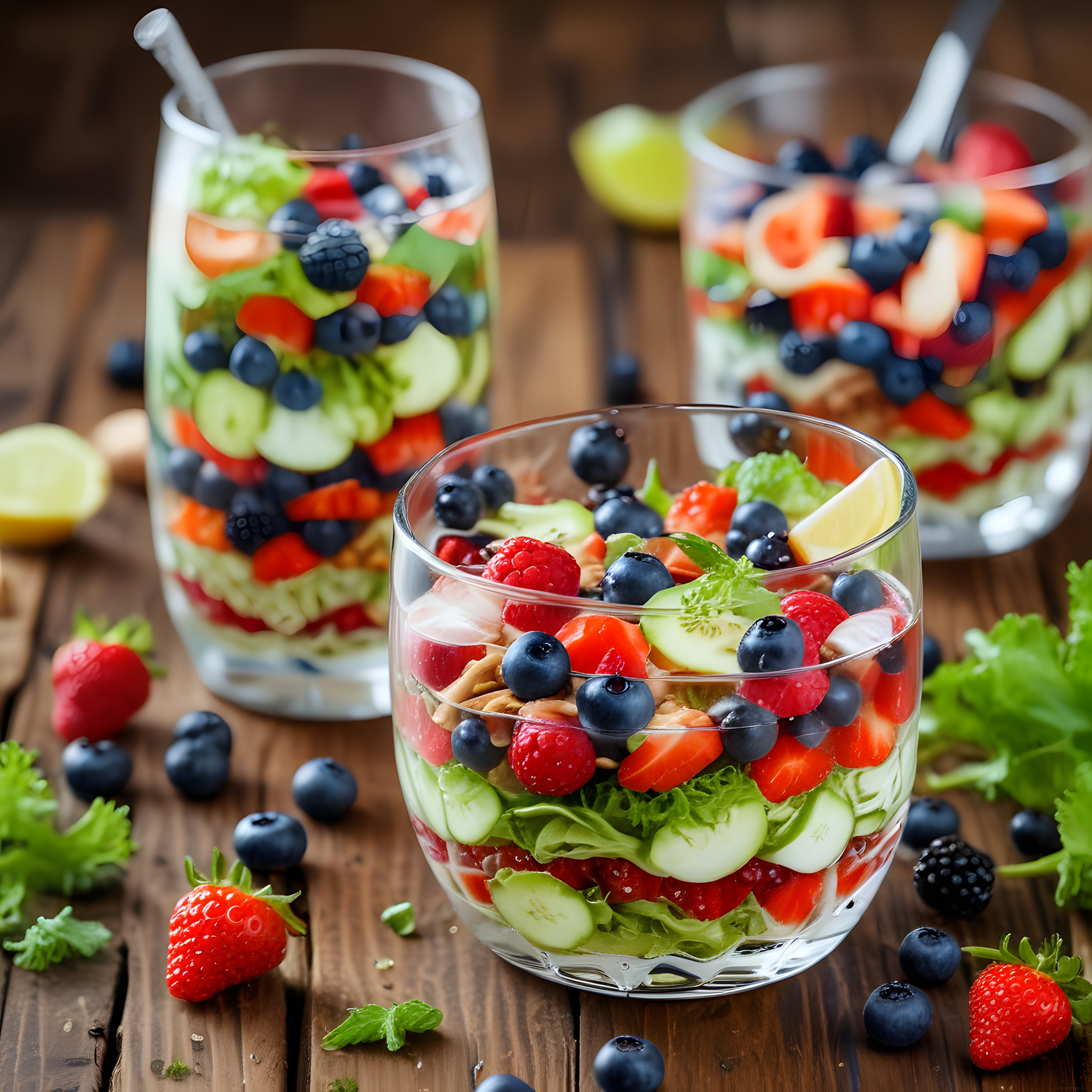 rustik ahşap masa üzerinde cam kupalarında sağlıklı meyve salatası