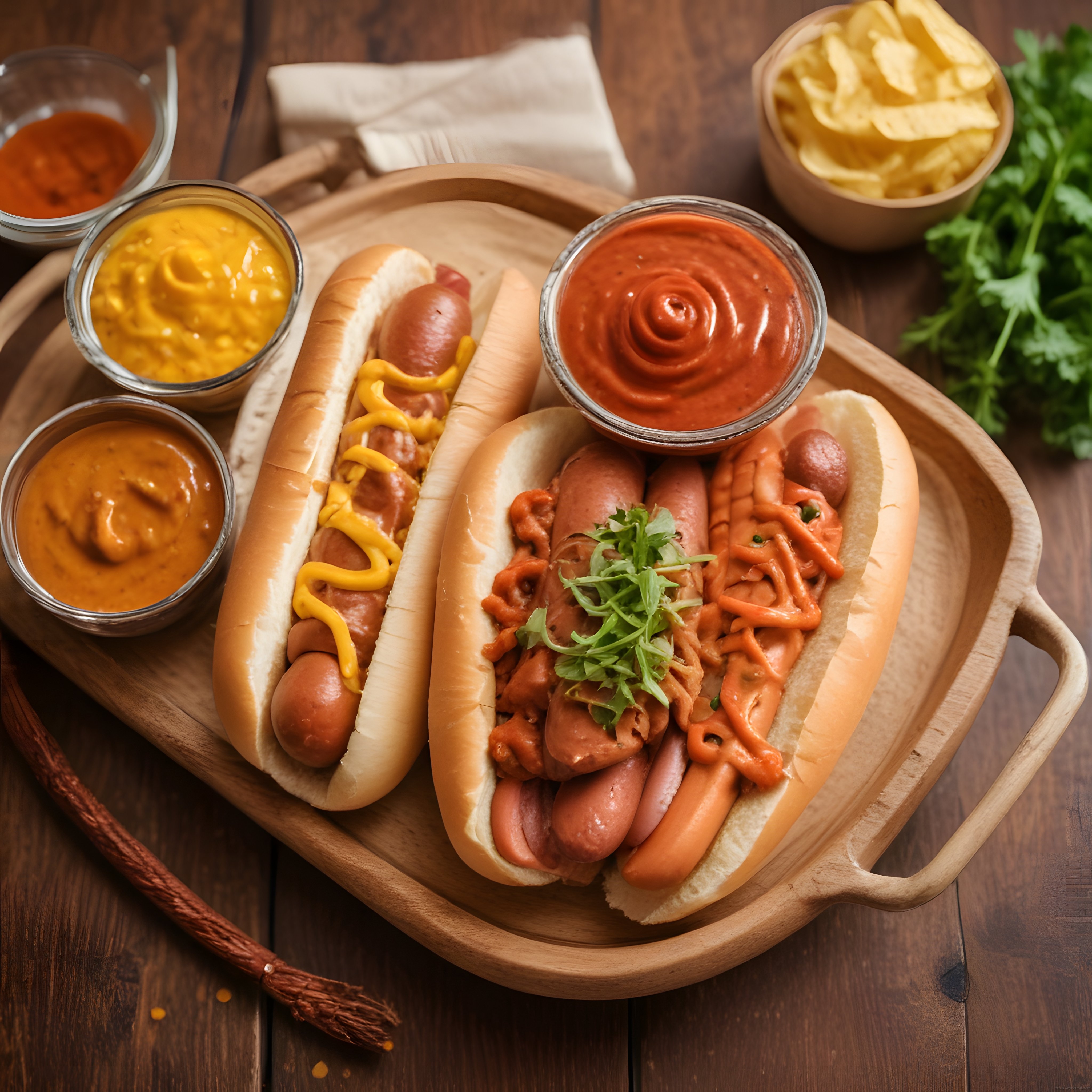 Rustik Ahşap Masa Üzerinde Çeşitli Soslarla Hot Dog ve Patates Sunumu