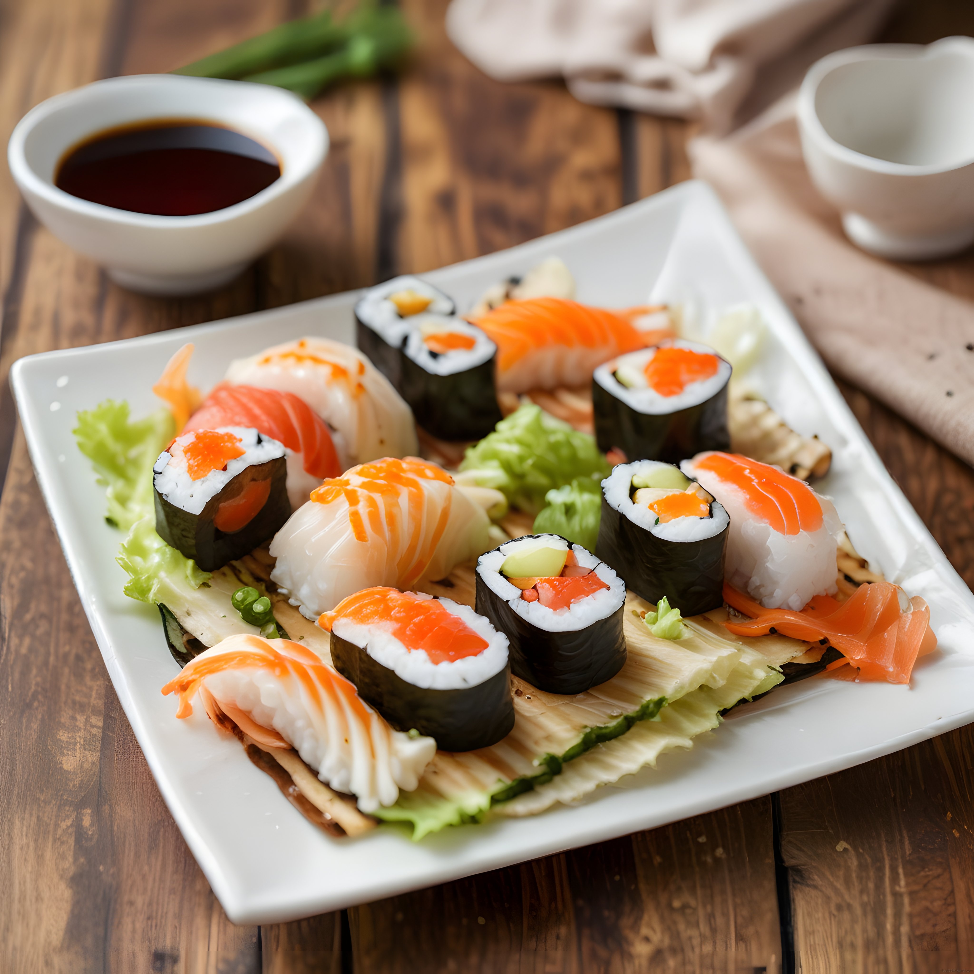 Rustik Ahşap Masa Üzerinde Çeşitli Sushi Sunumu ve Soya Sosu Eşliğinde