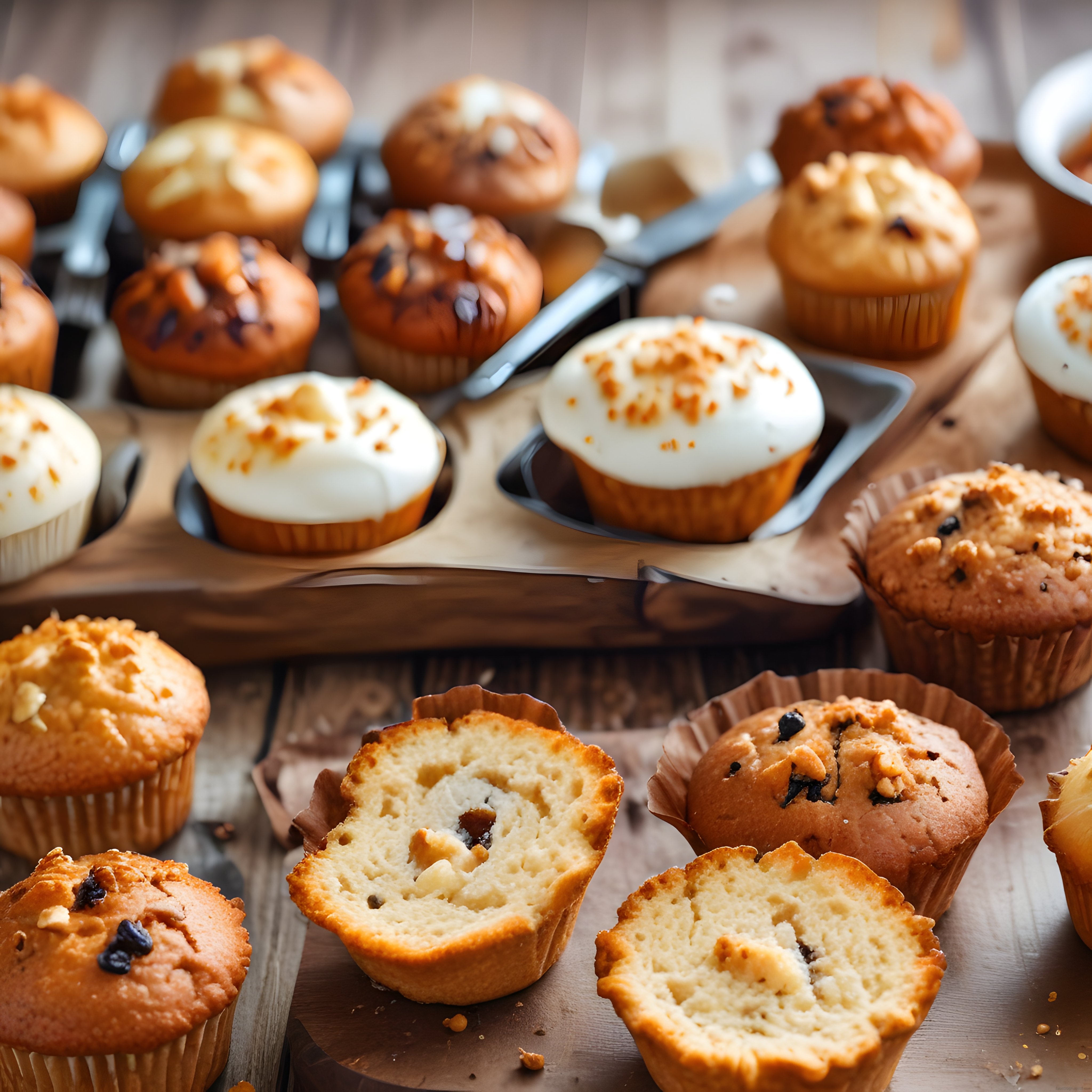 Rustik Ahşap Masa Üzerinde Çeşitli Tatlı Muffin ve Cupcake Sunumu