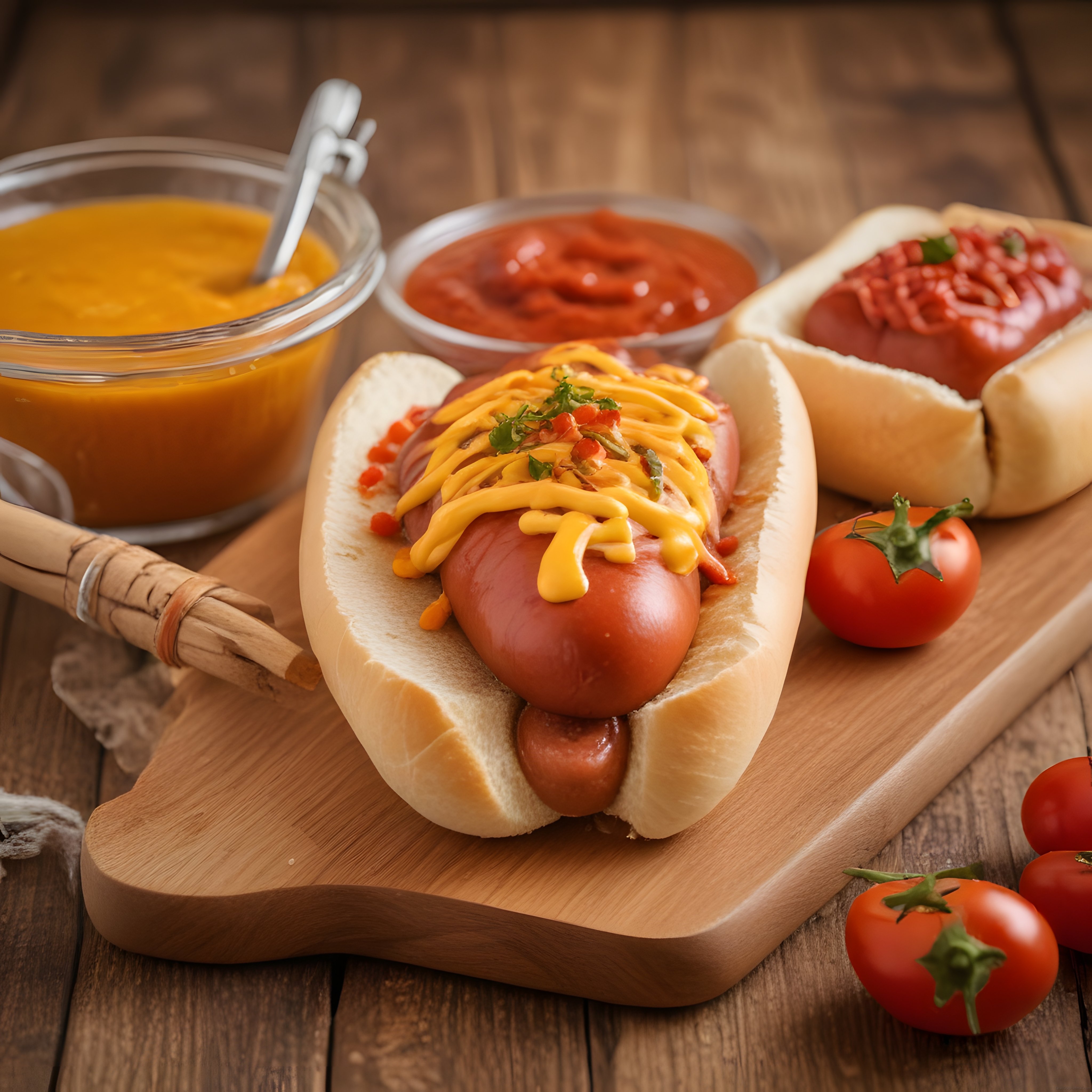 Rustik Ahşap Masa Üzerinde Cheddar Soslu ve Hardallı Klasik Hot Dog Sunumu