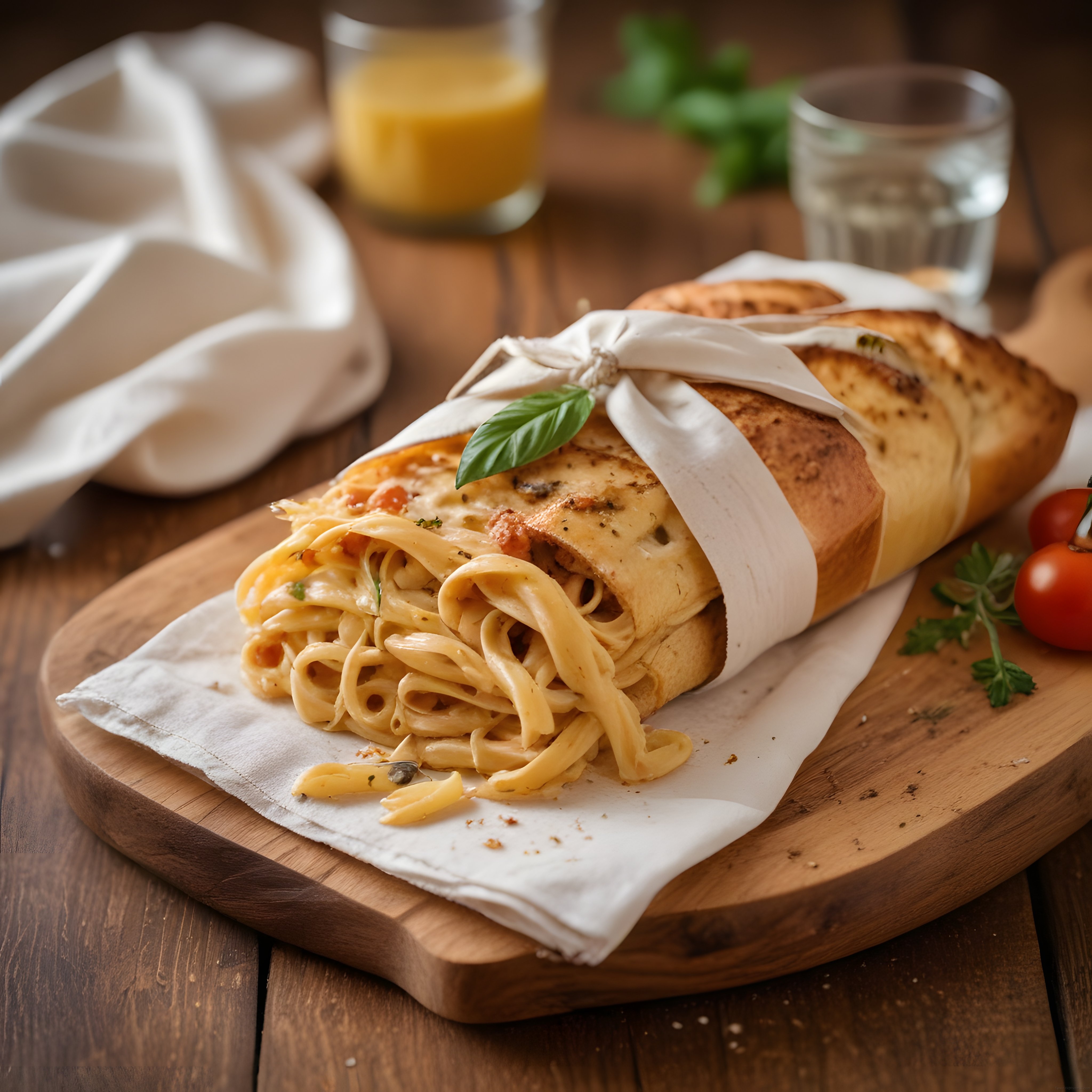Rustik Ahşap Masa Üzerinde Fesleğenli Ekmek Kasesinde Makarna Sunumu