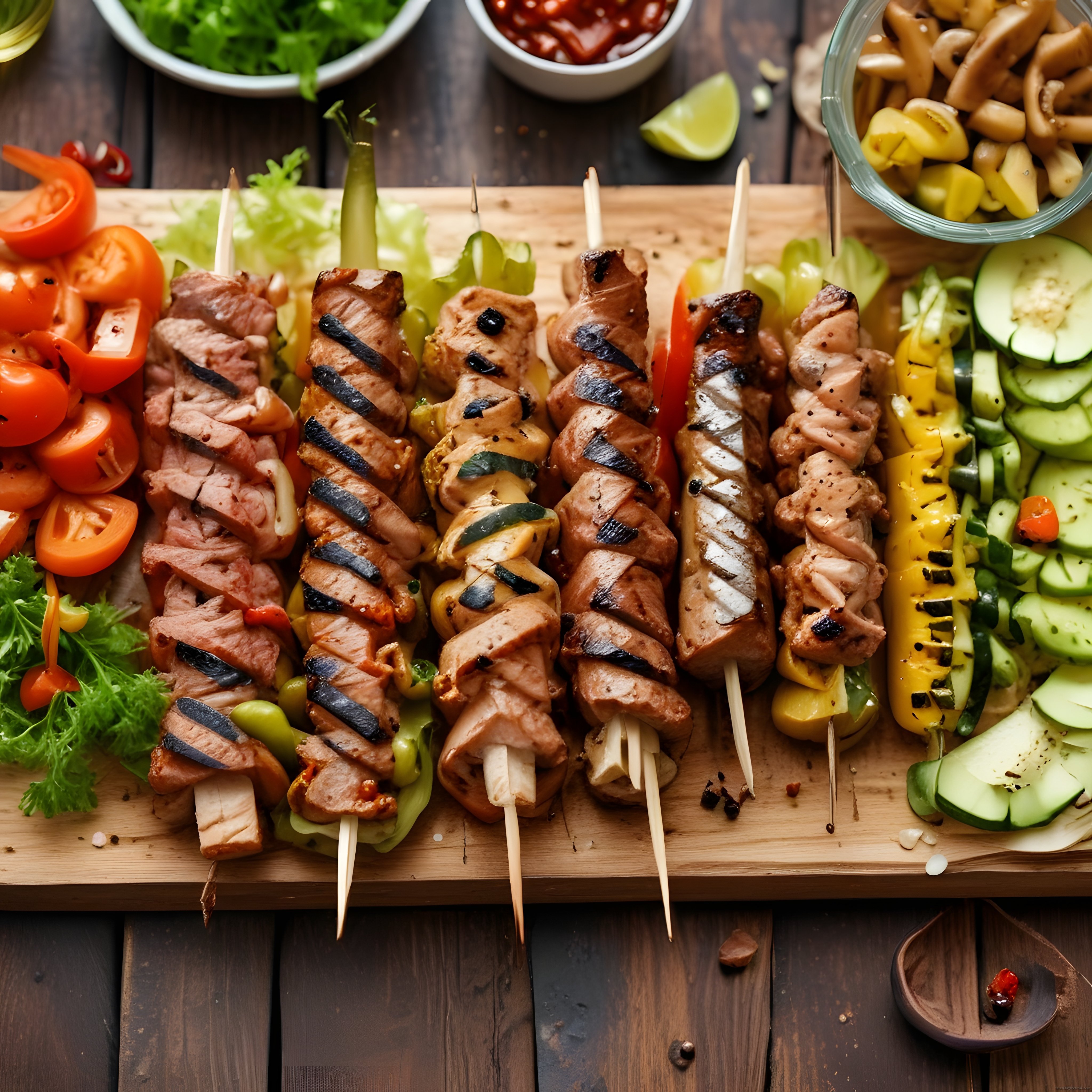 Rustik Ahşap Masa Üzerinde Izgarada Pişmiş Nefis Et Şiş Kebap ve Garnitürler