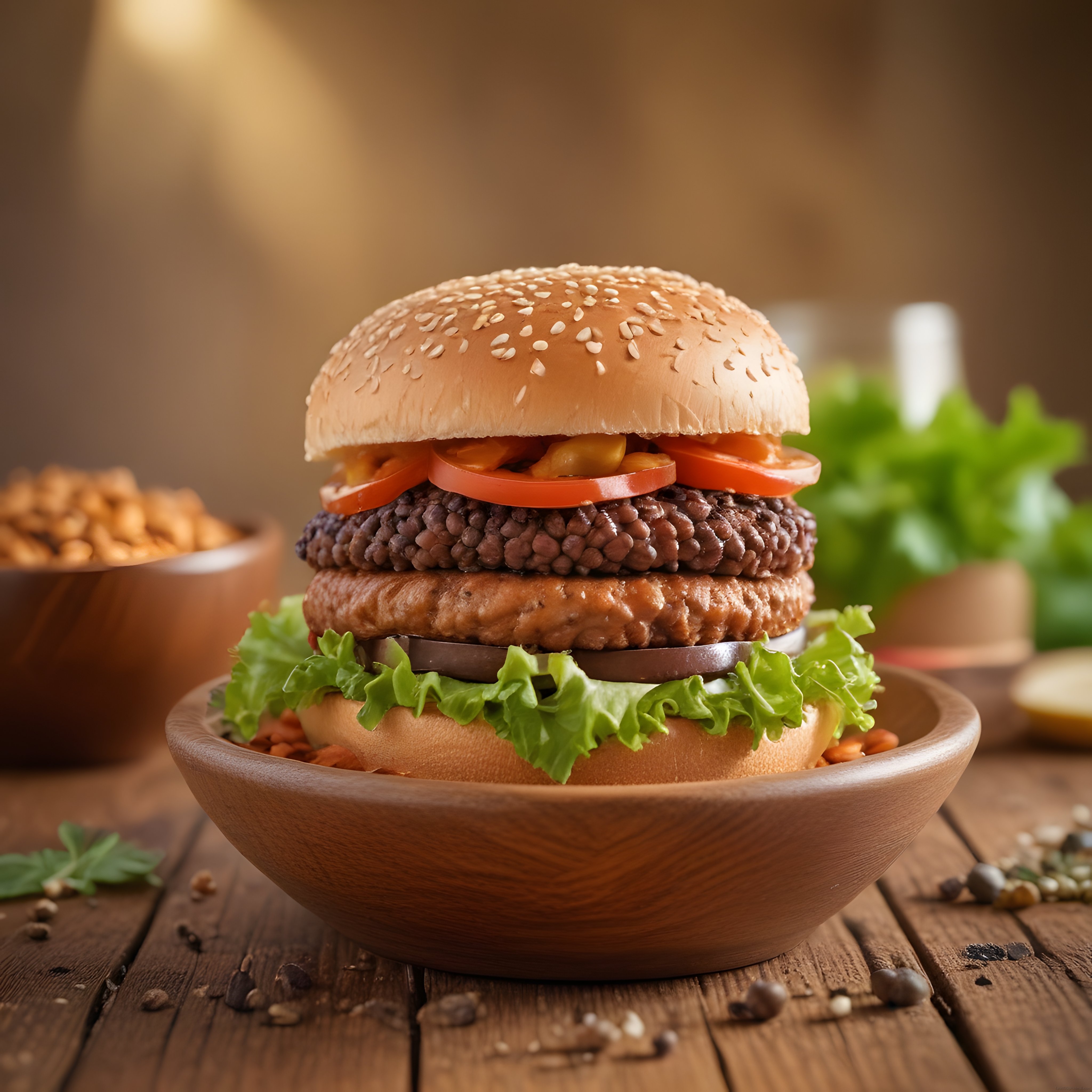 Rustik Ahşap Masa Üzerinde Kasede Sunulan Çift Katlı Gurme Burger