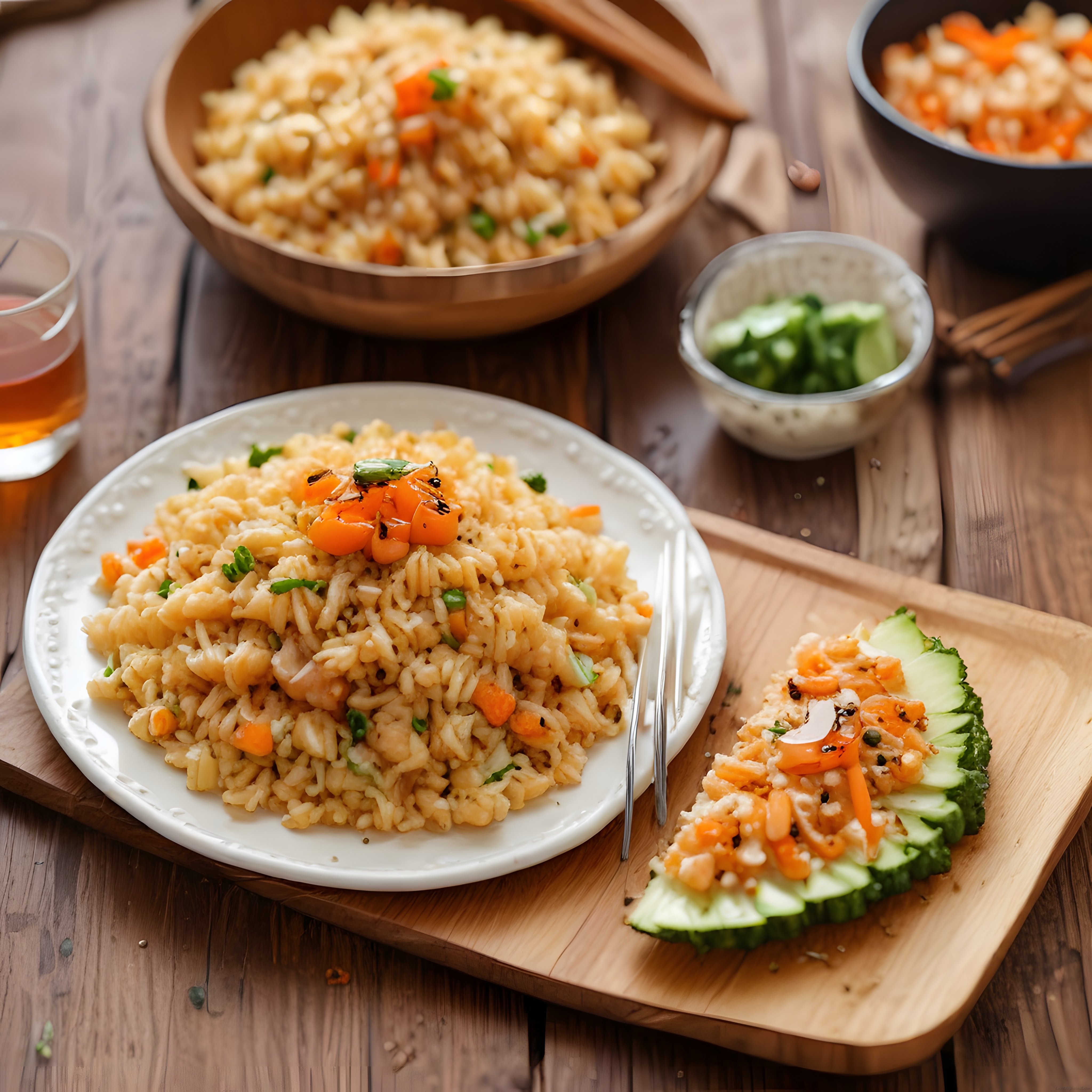 Rustik Ahşap Masa Üzerinde Leziz Somonlu Pilav ve Sebze Salatası Sunumu