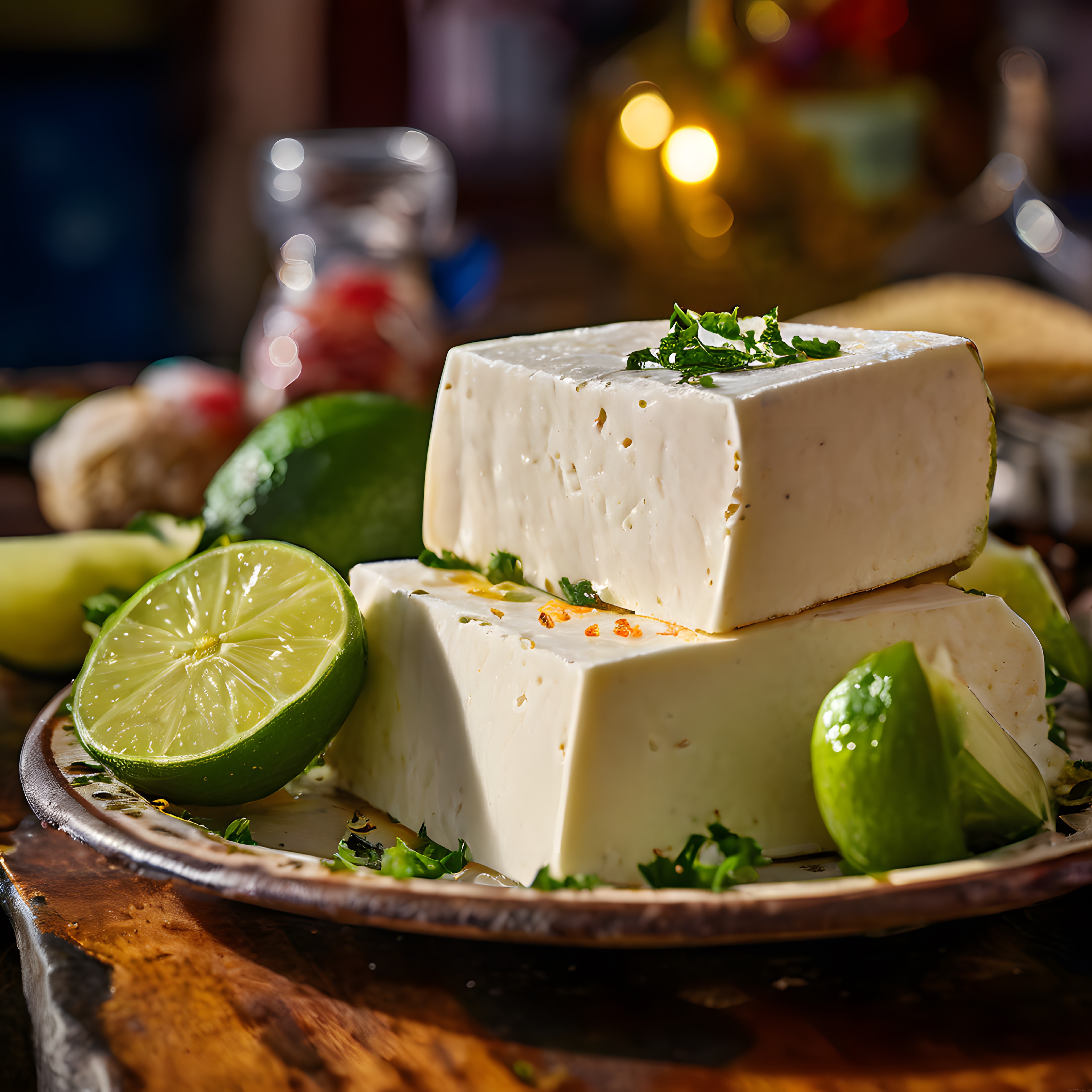 Rustik Ahşap Masa Üzerinde Limon ve Taze Otlarla Sunulan Beyaz Peynir Blokları