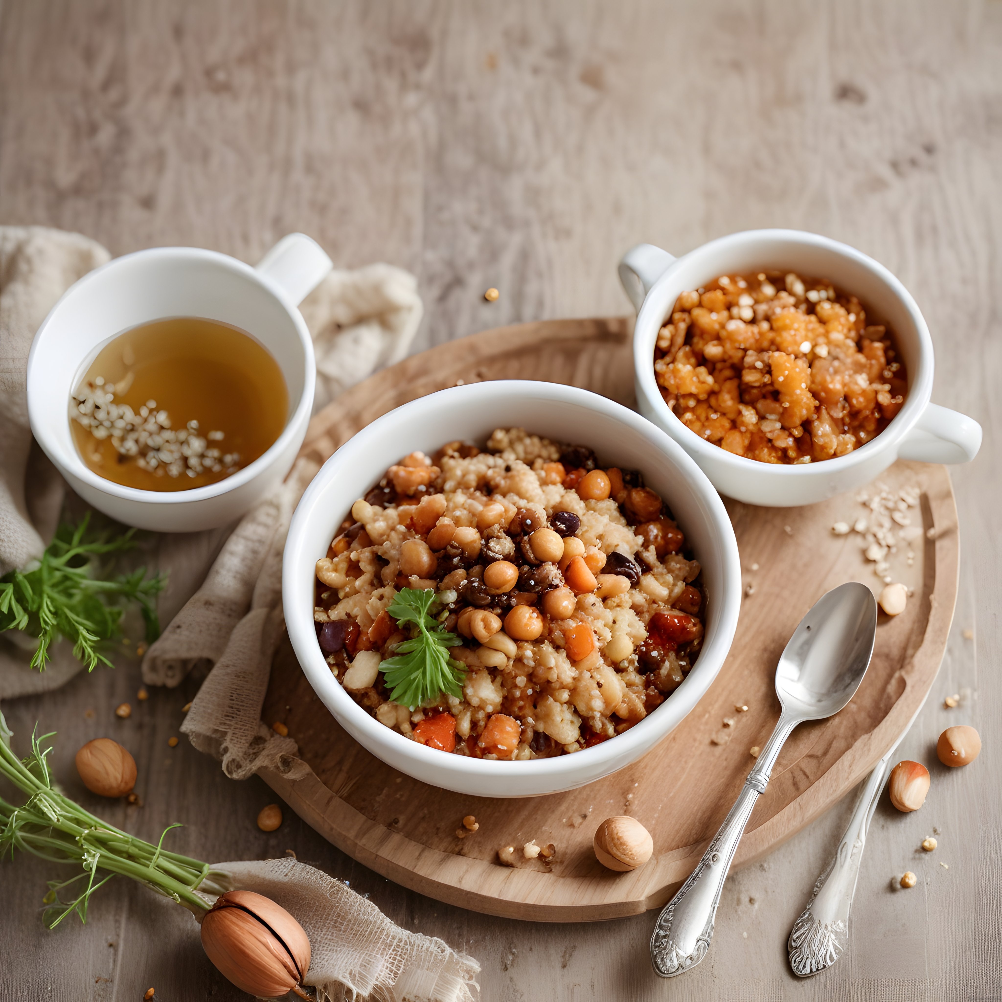 Rustik Ahşap Masa Üzerinde Nohutlu Bulgur Yemeği ve Sağlıklı Bakliyat Sunumu